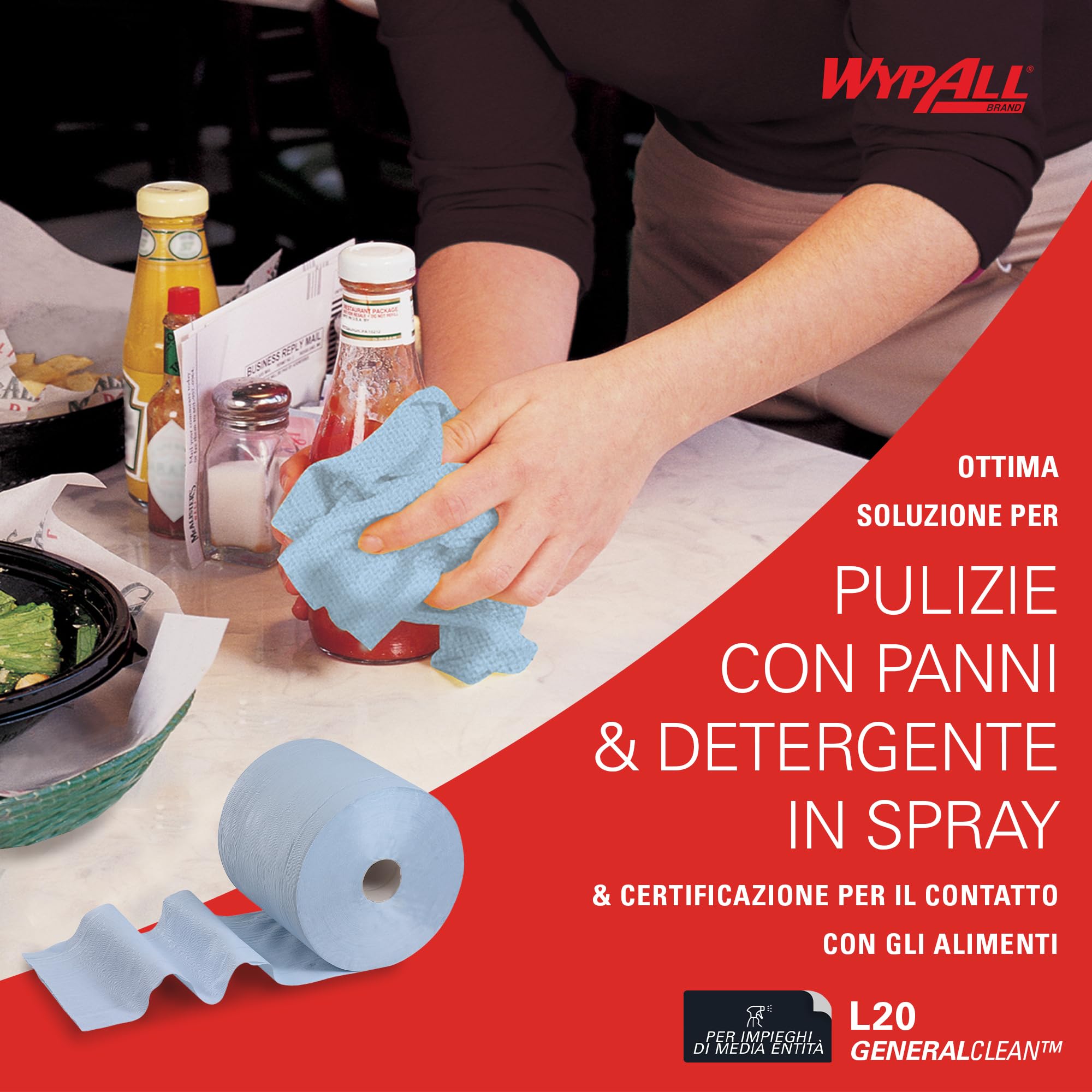 WypAll L20 Maxi Rotolo Panni Carta 7300, 2 Veli, Blu, 500 Fogli, Biodegradabili, Certificato Contatto Alimentare