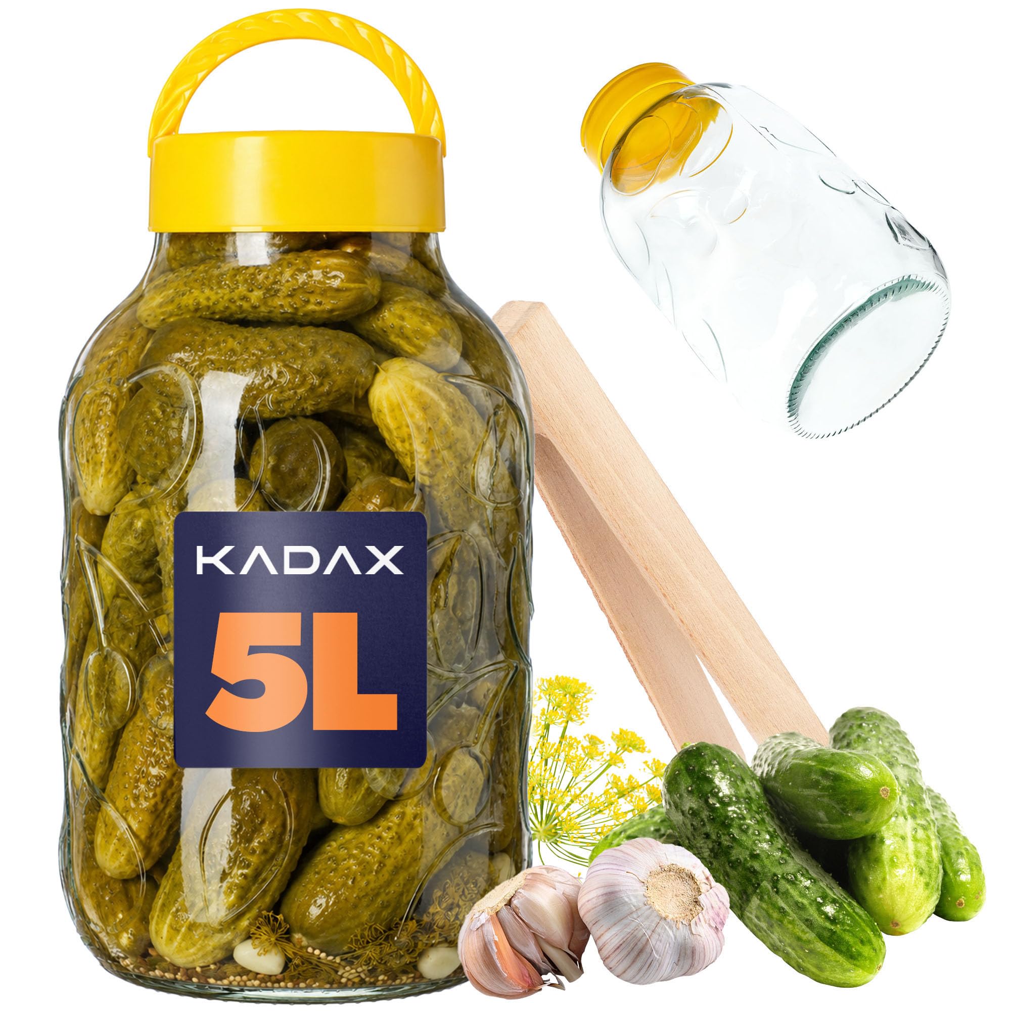 KADAX Bocal en verre avec pinces, couvercle en plastique, ballon en verre, pour concombres, conservation hermétique (5 l