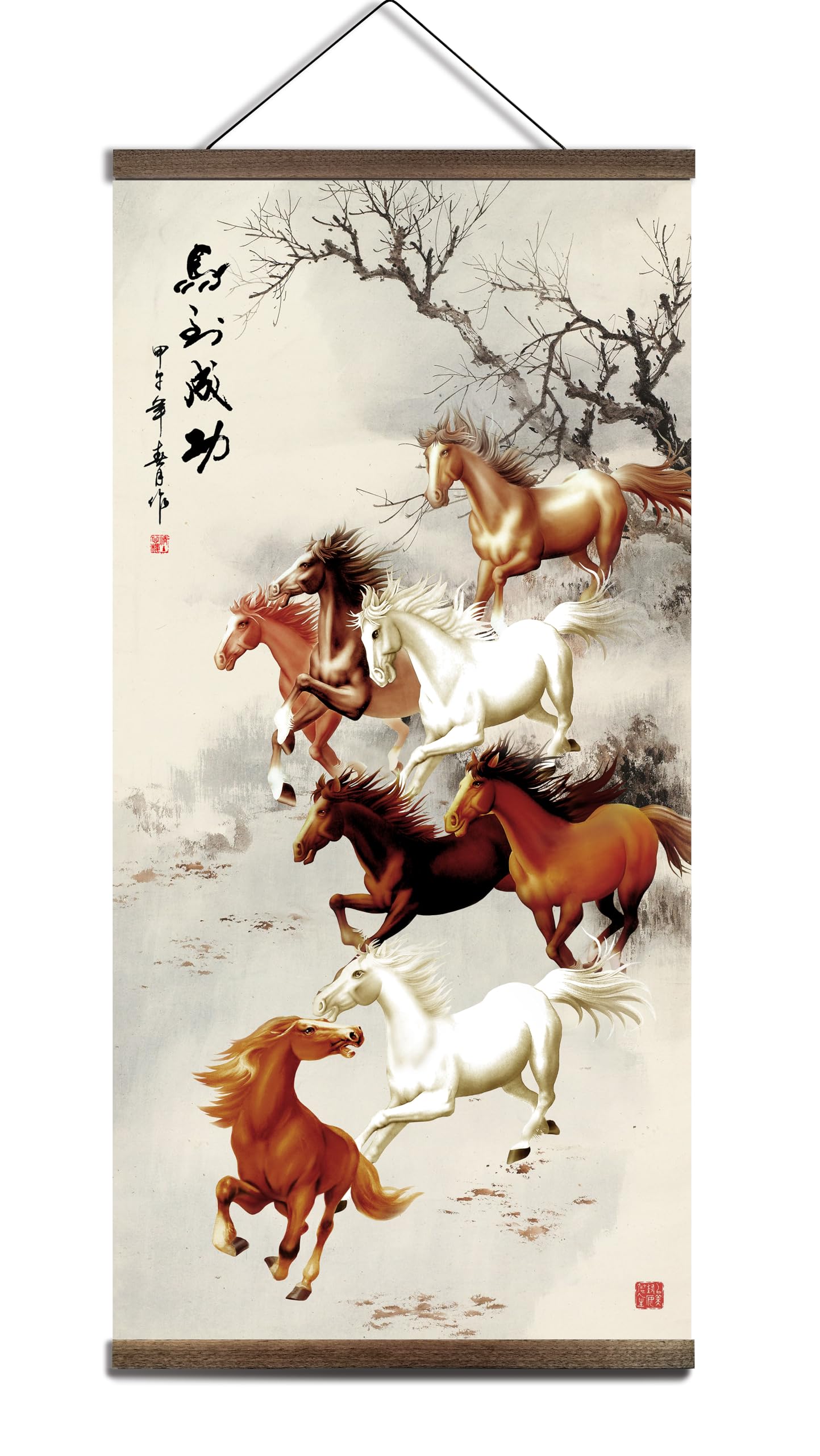 jszip Oriental Art Gallery Traditional Chinese Eight Horses Scroll Wall Art Black Walnut Frame Asian Style Hanging Tapestry