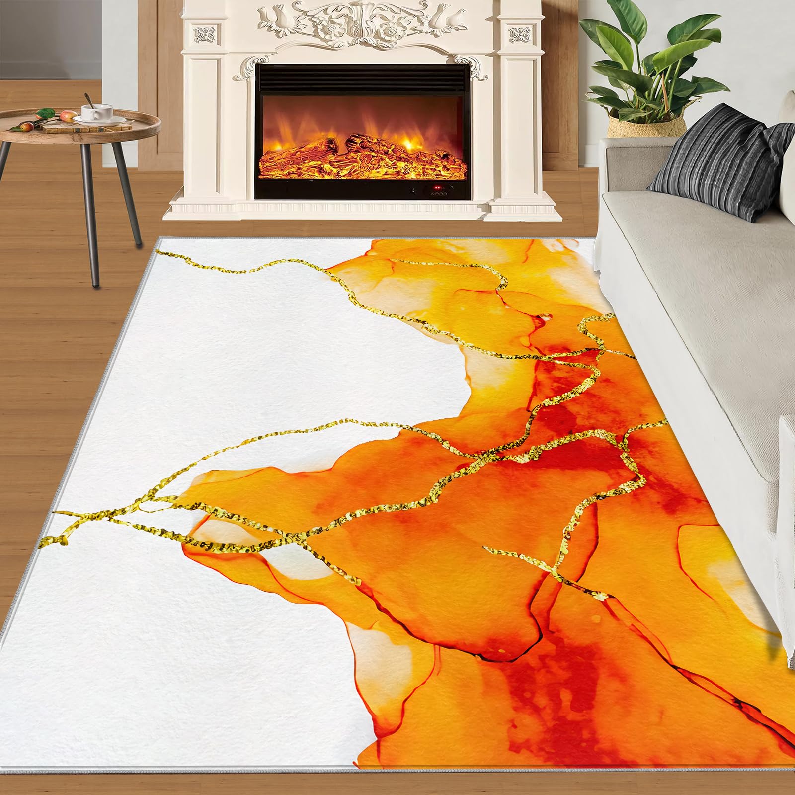 RIPUEJI Marble Rug & Home Decor - 5x8 Rug, Orange Gold Lines Rugs for Living Room Bedroom, Modern Abstract Rug, Washable Rug Soft Portable Non-Slip