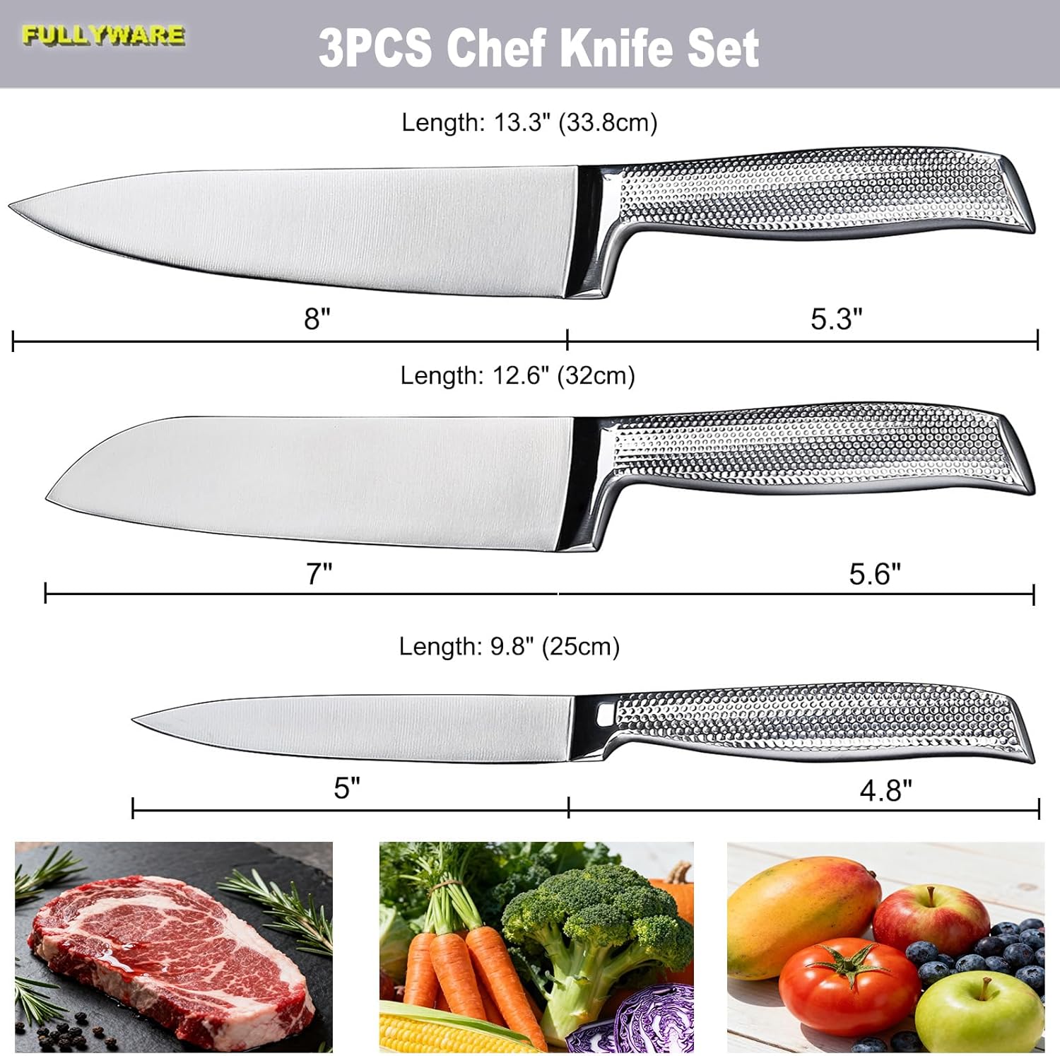 3-Piece Chef Knives Set, Razor Sharp Kitchen Knives with Ergonomic Non-Slip Handle & Sturdy Blade, 8” Chef, 7" Santoku, 5" Utility Knife, for Home Cooks & Professional Chefs