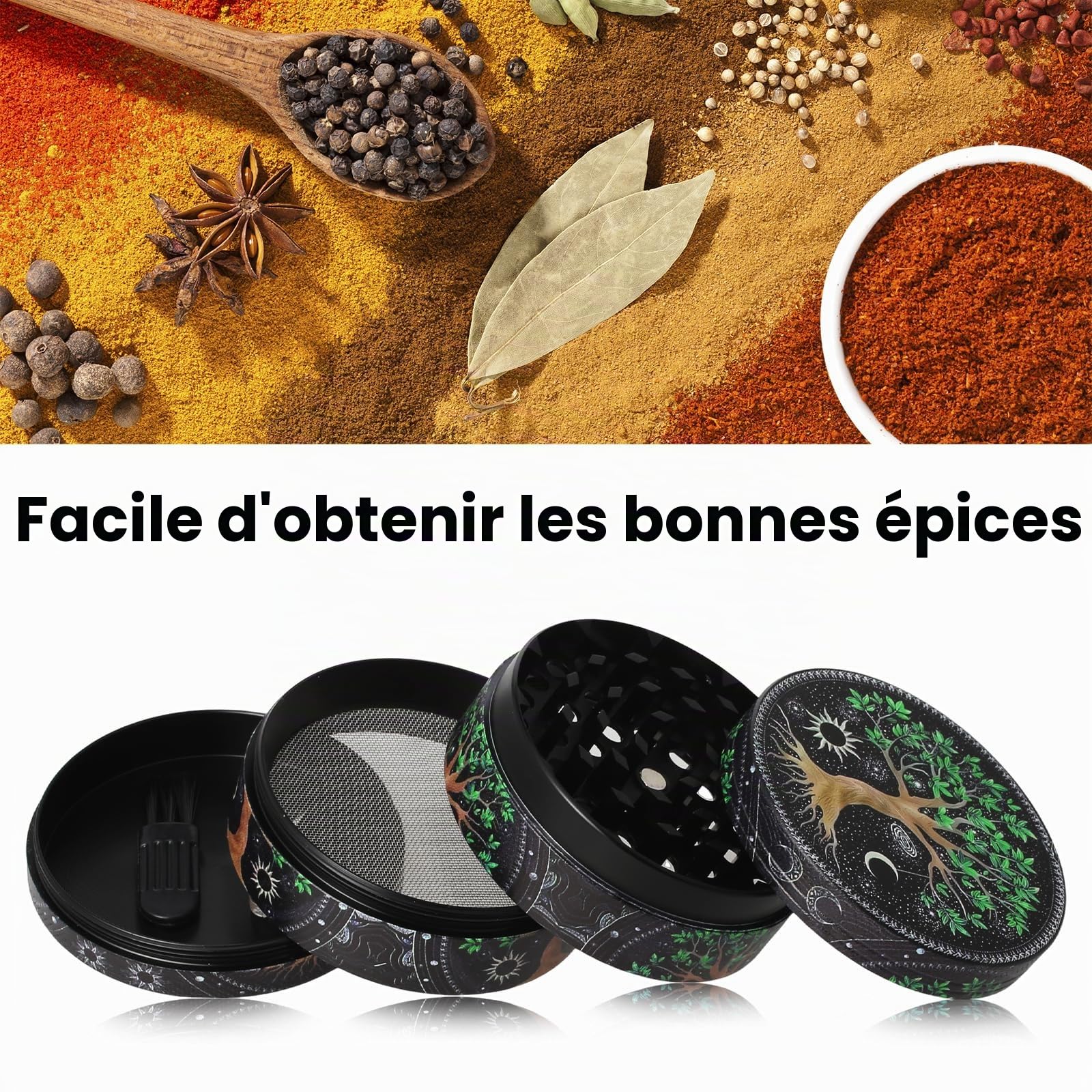 Grinder Effriteuse, Grinder metal pour moulin a sel epices poivre, Grand broyeur 63 MM avec grattoir et brosse en plastique (Motif d'arbre)