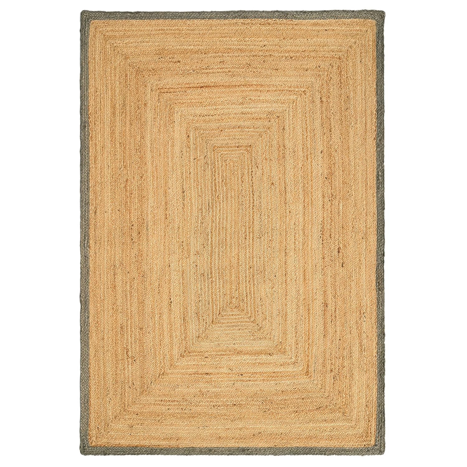 HANIESTA Bold Frame Khaki Jute Rug, Handmade 100% Natural Jute Rectangle Rug with White Border, Woven Area Rug for Living Room, Bedroom & Hallway 160x230 cm