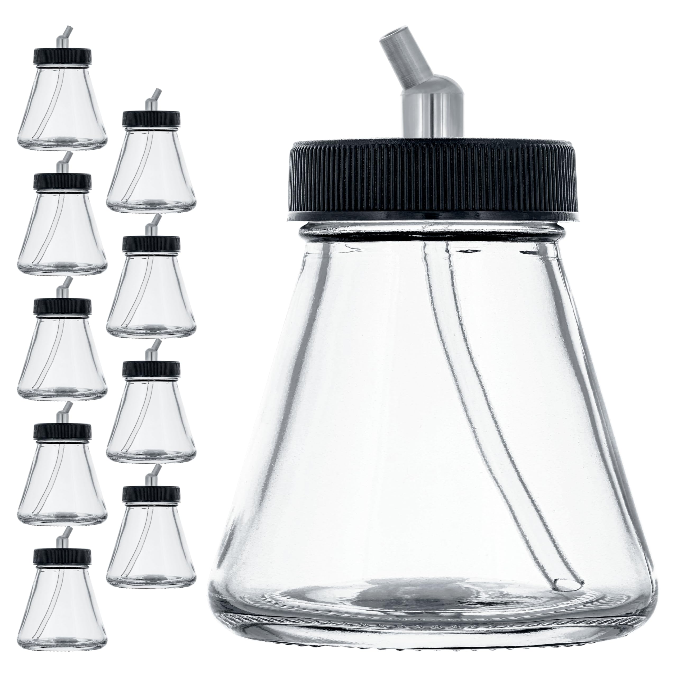 Master Airbrush (Pack of 10) TB-010 Empty 2.7-Ounce (80cc) Glass Jar Bottles with 30° Down Angle Adaptor Lid Assembly - Fits Dual-Action Siphon Feed Airbrushes, Use with Master, Badger, Paasche, Iwata