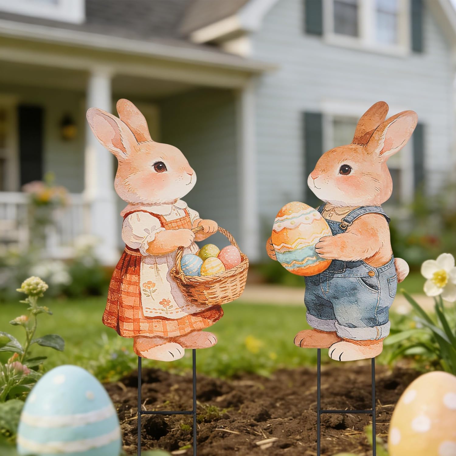 GPGHE 2 Pcs Easter Decorations Outdoor - Metal Bunny Couple Cute Yard Stakes Decorations Happy Easter Yard Welcome Sign for Garden Patio Lawn Yard Outdoor Decor 28×8.7 Inch