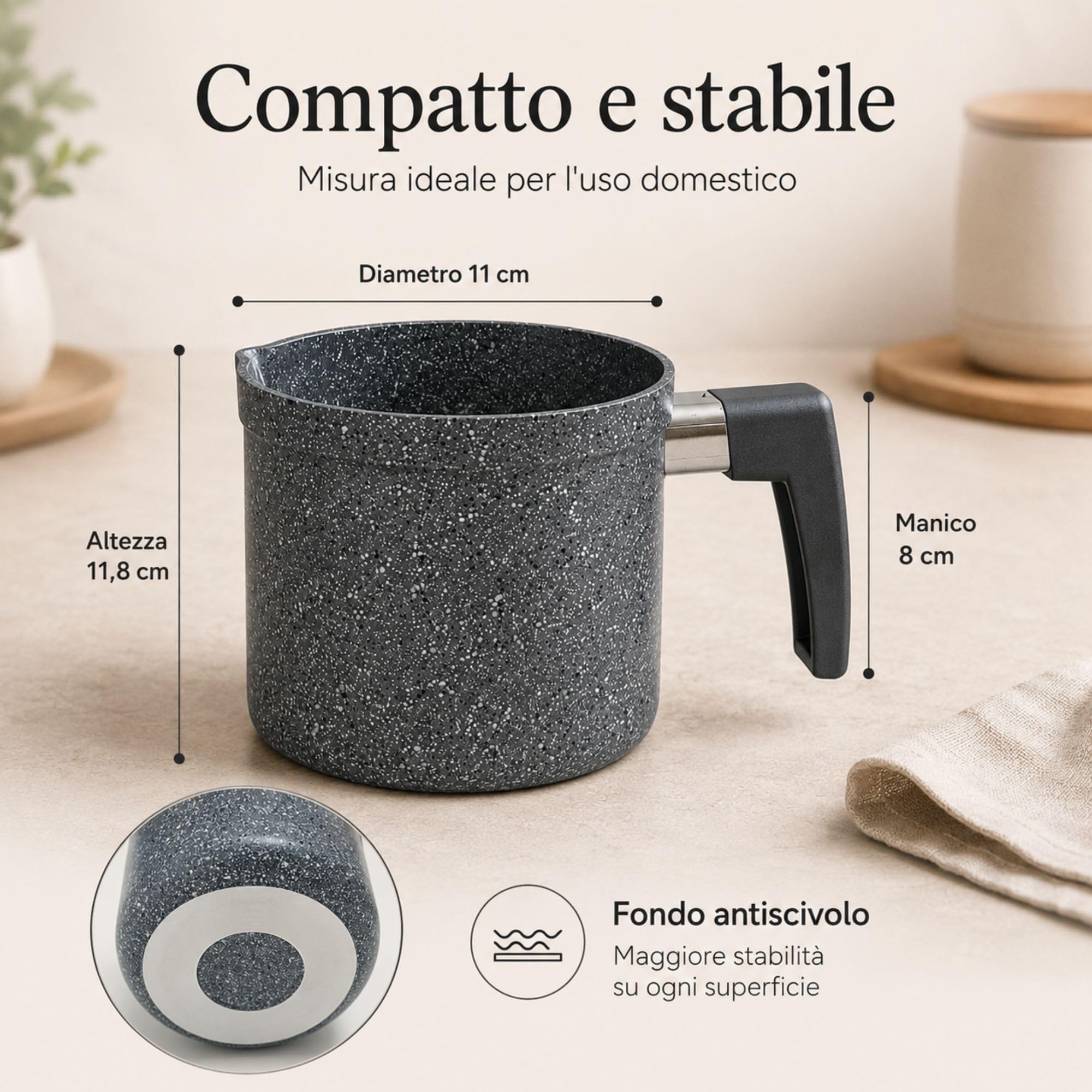 NAMAI - Bollilatte Antiaderente 11 CM Ø, Alluminio Resistente, Manico Ergonomico, Effetto Pietra, Pratico e Resistente, No Induzione, Pentolino Latte