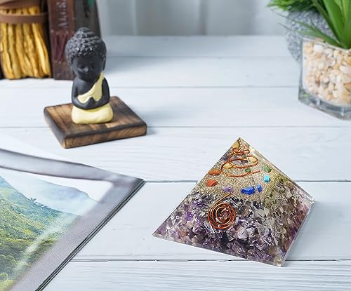 Miniatura 4 de Crocon Amatista orgón pirámide de cobre con resorte de cobre relleno de siete piedras preciosas de chakras feng shui equilibrio de chakras Reiki