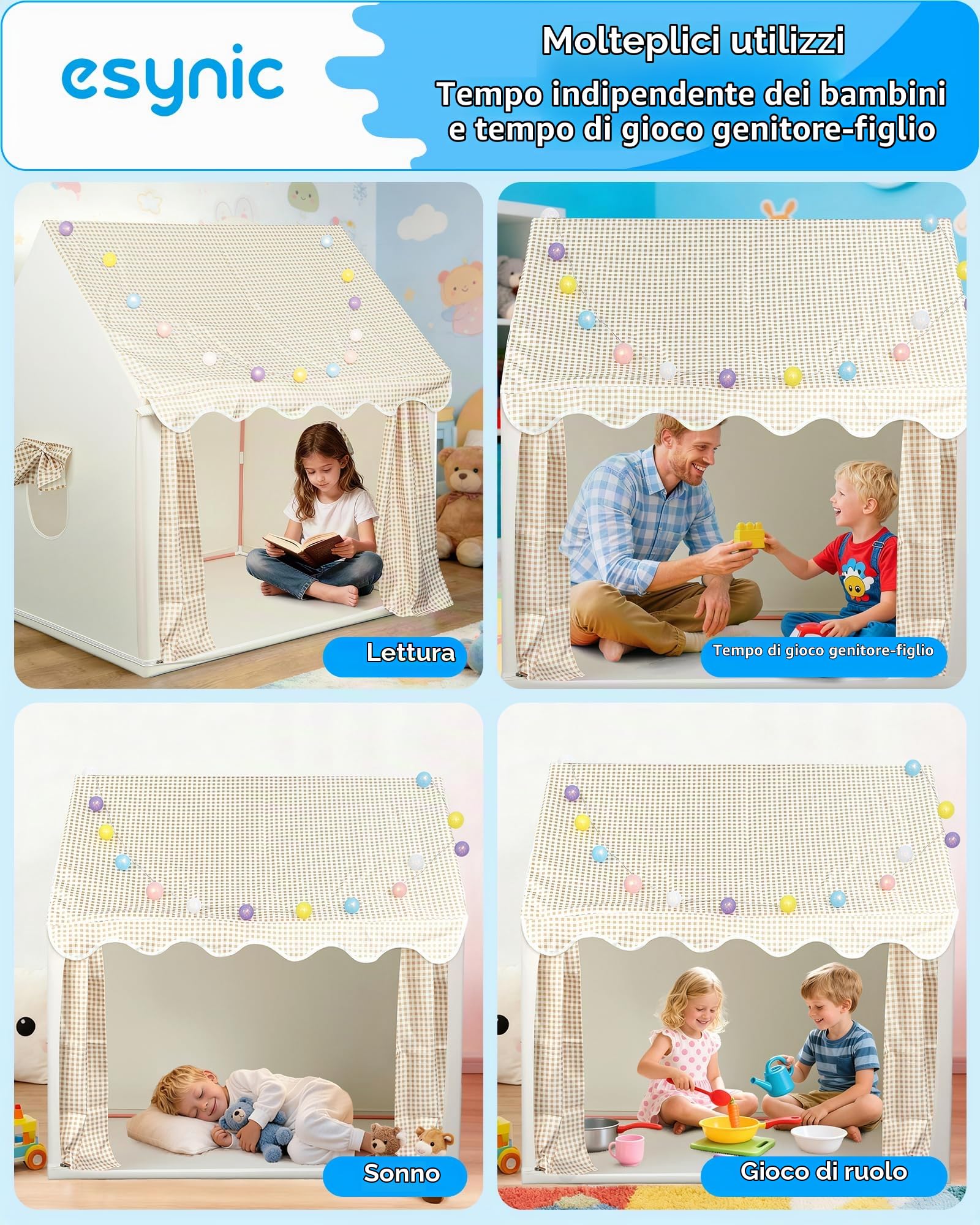 eSynic Tenda da Gioco per Bambini con Luci LED Decorative, Casetta Stanza di Attività Giochi con 2 Finestre per 2-3 Piccoli, Angolo da Lettura Studio, Facile da Montare - Beige a Quadri