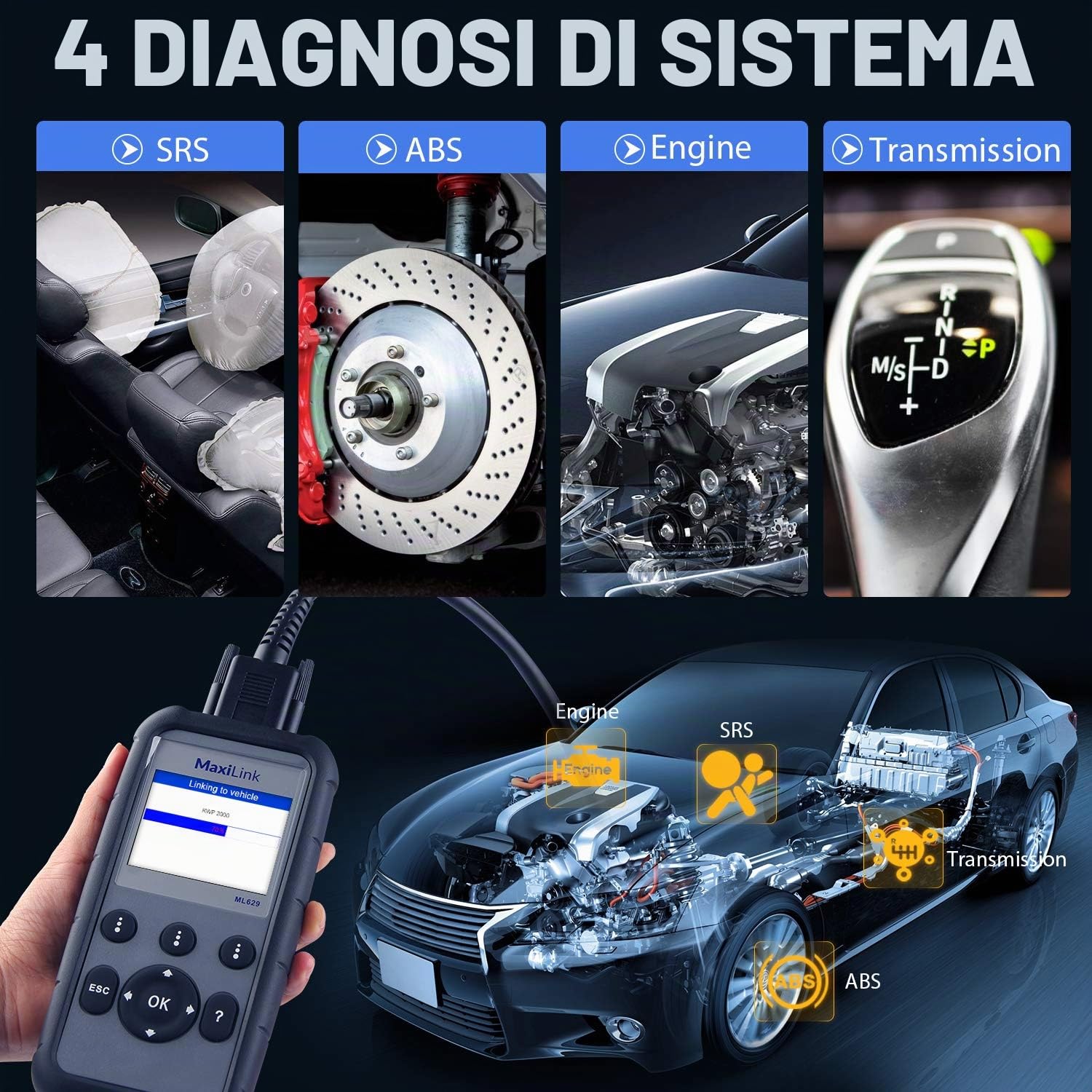 Autel MaxiLink ML629 Strumento Diagnostico Auto OBD2 Scanner | Per ABS, SRS, Motore e Trasmissione con Auto VIN, Ricerca DTC e Test Pronto - Versione Aggiornata Rispetto a ML619