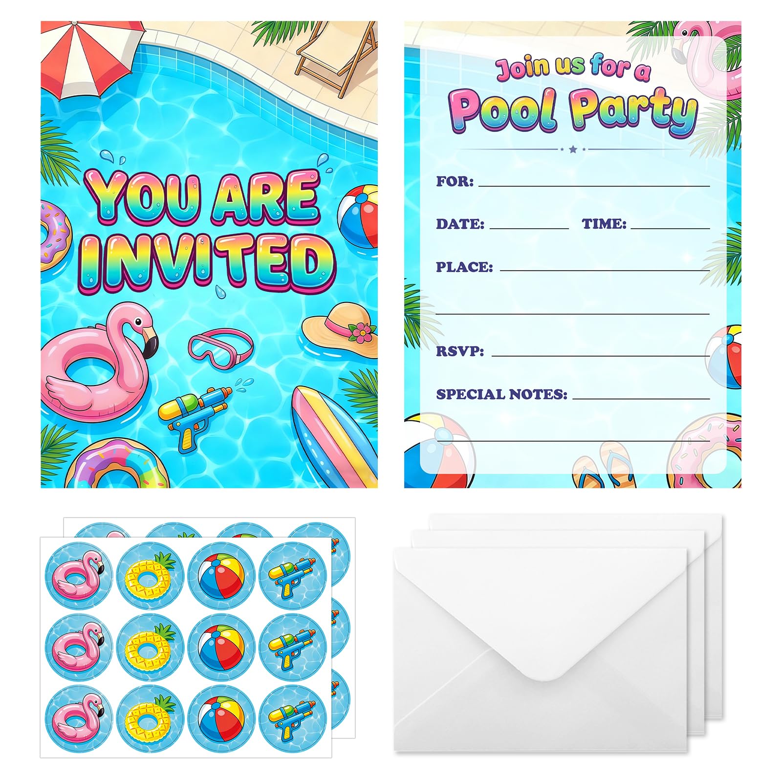 IHCEMIH Pool Party Invitations Kids Birthday with Envelopes and Stickers - 24 Pack Swimming Pool Party Invites Cards Boys Girls Children Fun Summer Water Splash Themed Size 12.7x17.7cm โ image 1