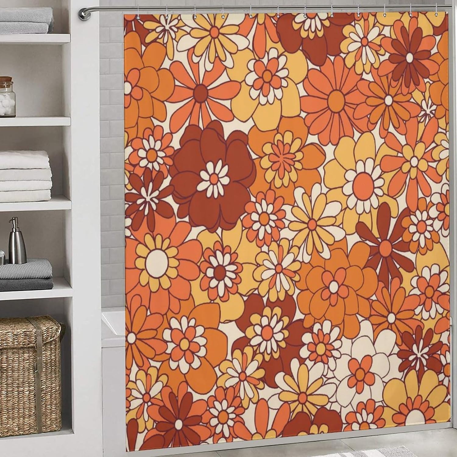 Ohocut Orange Floral Shower Curtain, Retro Boho Shower Curtains for Bathroom Aesthetic, Cute Groovy Flower Bath Curtains, Waterproof Polyester Fabric Fall Shower Curtain 72x72 Inch