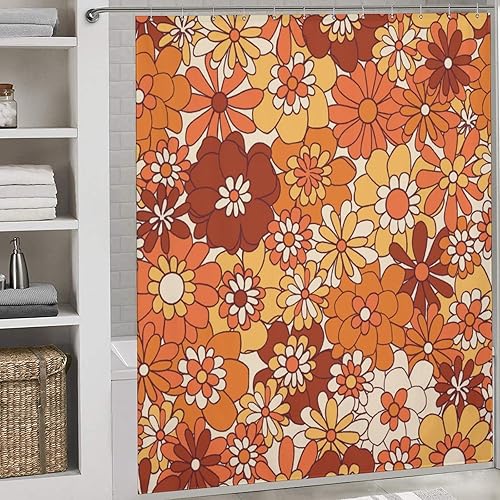 Miniatura 6 de Cortina de ducha floral naranja, cortinas de ducha retro bohemias para baño, bonitas cortinas de baño de flores geniales, cortina de ducha de otoño