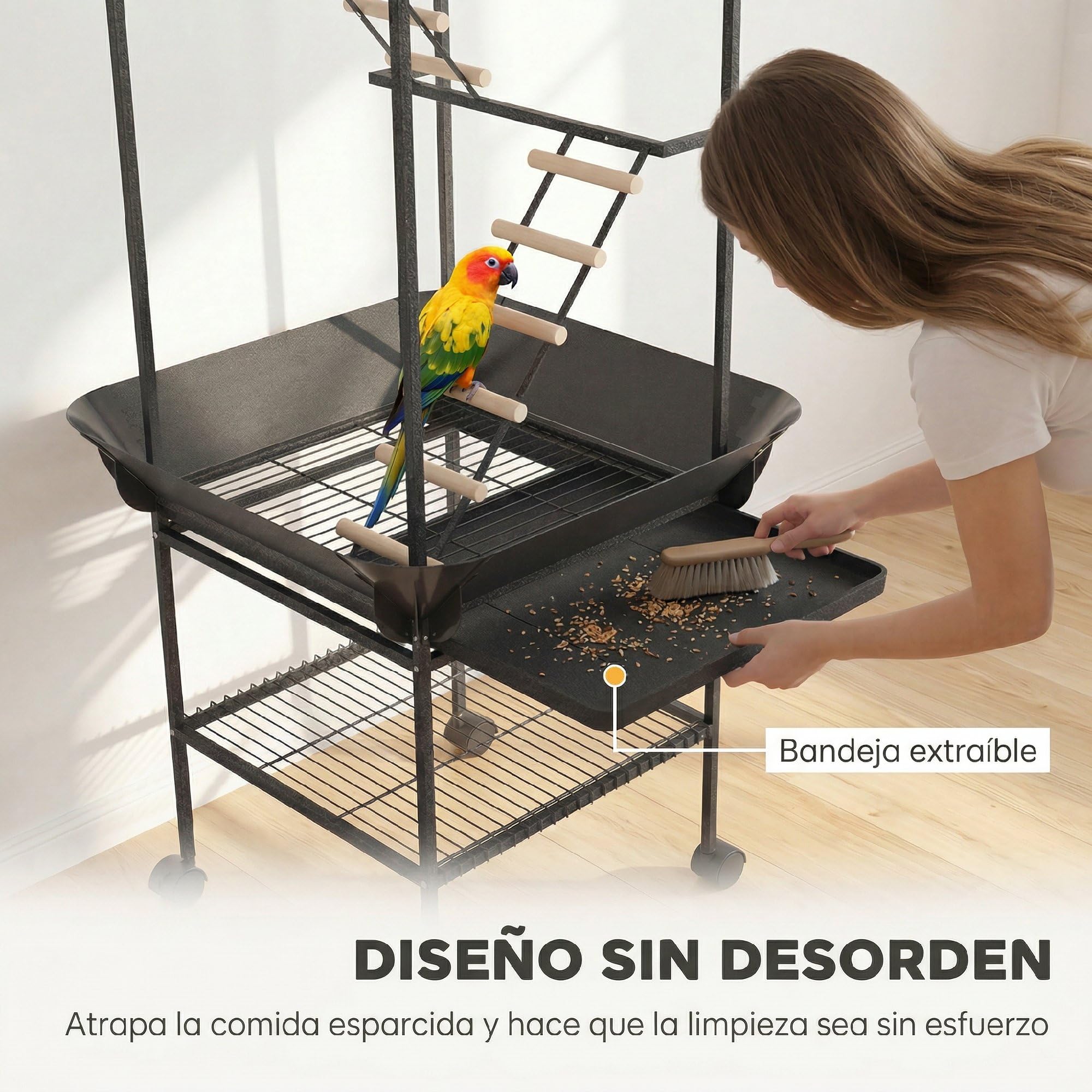 PawHut Parque de Juegos para Pájaros, Soporte para Pájaros con Ruedas, Escaleras, Columpio, Protector de Semillas, Bandeja, Comederos, Perchas, Gancho, Estante, para Periquitos Cacatúas, 63x63x163 cm