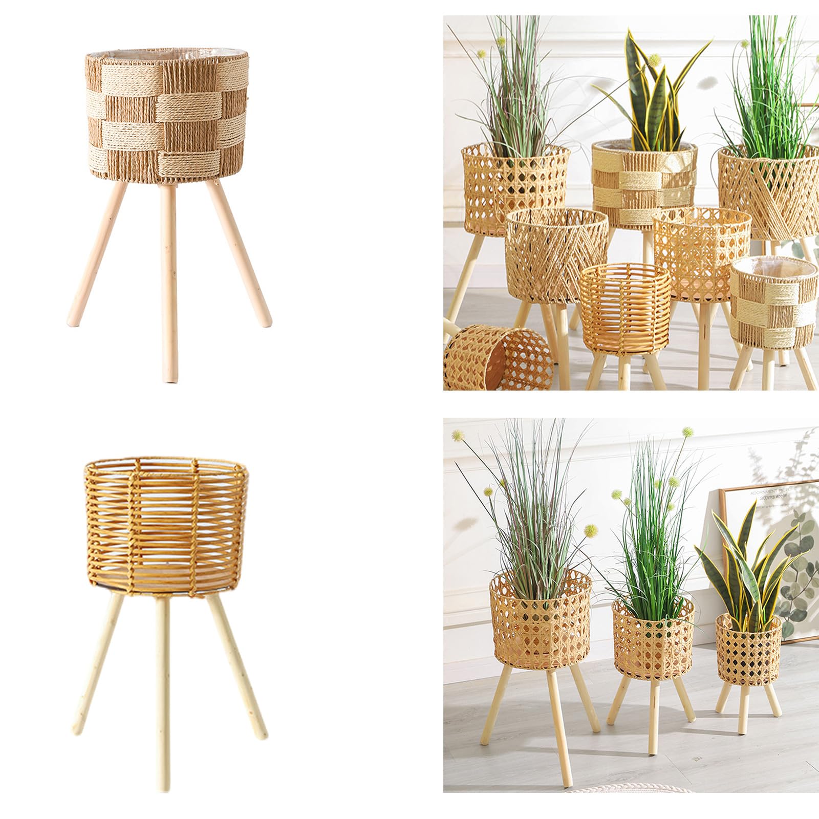 Vaso da fiori in rattan intrecciato a mano con supporto in legno, cestino per interni ed esterni, per decorazioni per la casa e il giardino, supporto per piante