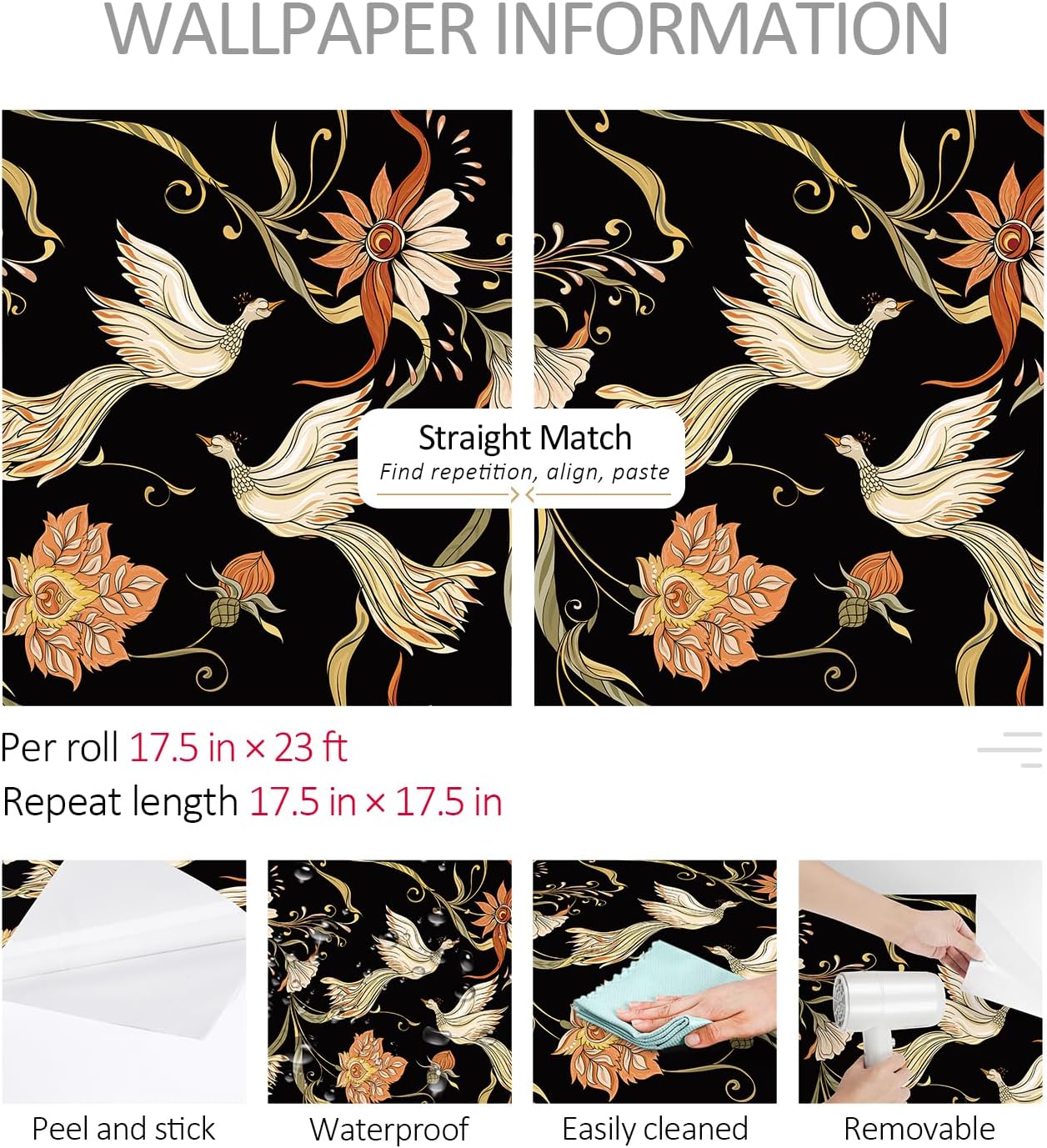 ReWallpaper Dark Wallpaper Peel and Stick Art Nouveau Black Floral Wallpaper Dark Academia Vintage Birds and Flowers Removable Wallcovering for Living Room Stairway Bedroom Feature Wall 17.5in x 23ft