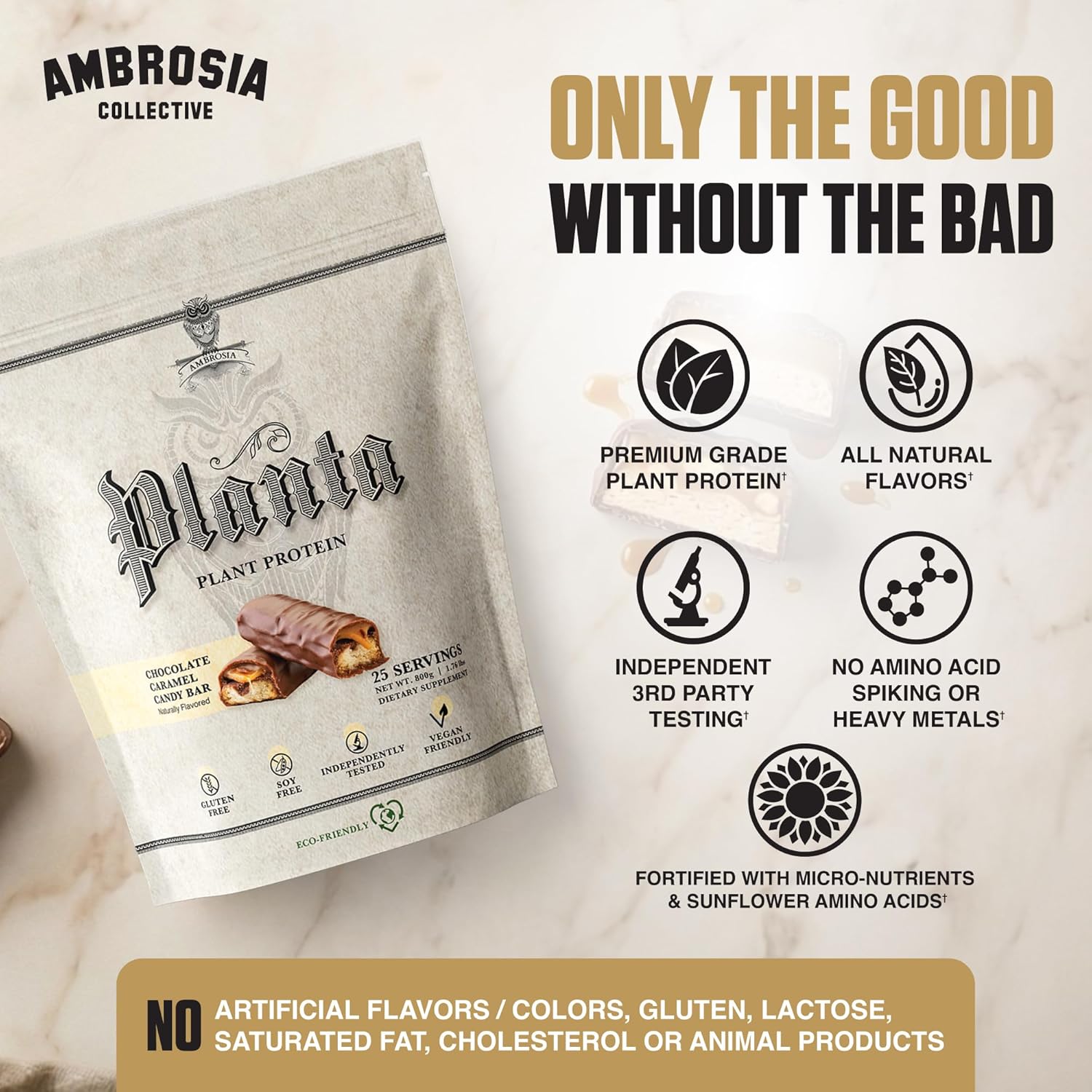 Ambrosia Plant Based Protein Powder 20g | Clean Vegan Pea Protein Powder | Gluten & Dairy Free, Keto Friendly, No Added Sugar | 25 Servings | Candy Bar