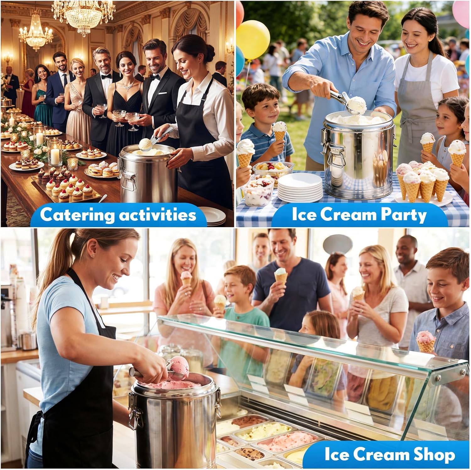 4 Gallons Ice Cream Server Insulated Crock with Lid and Scoop, Stainless Steel Ice Cream Tub Container Buckets for Business Foodservice Cooler Gelato Bar and Cart Kitchens Restaurants Party