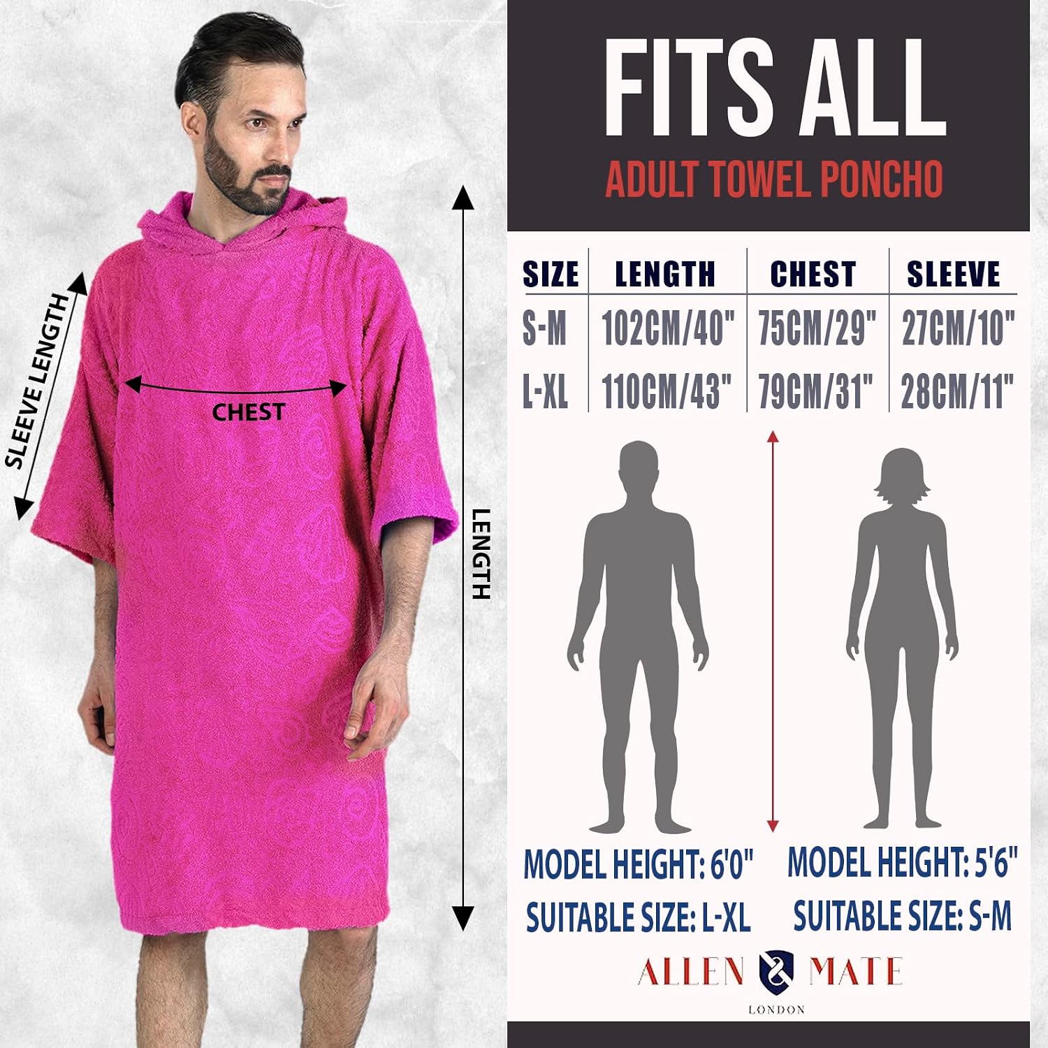 ALLEN & MATE 100% Cotton Hooded Surf Poncho Changing Robe - Quick Absorbent Changing Towel with Pocket for Surfing Men Women