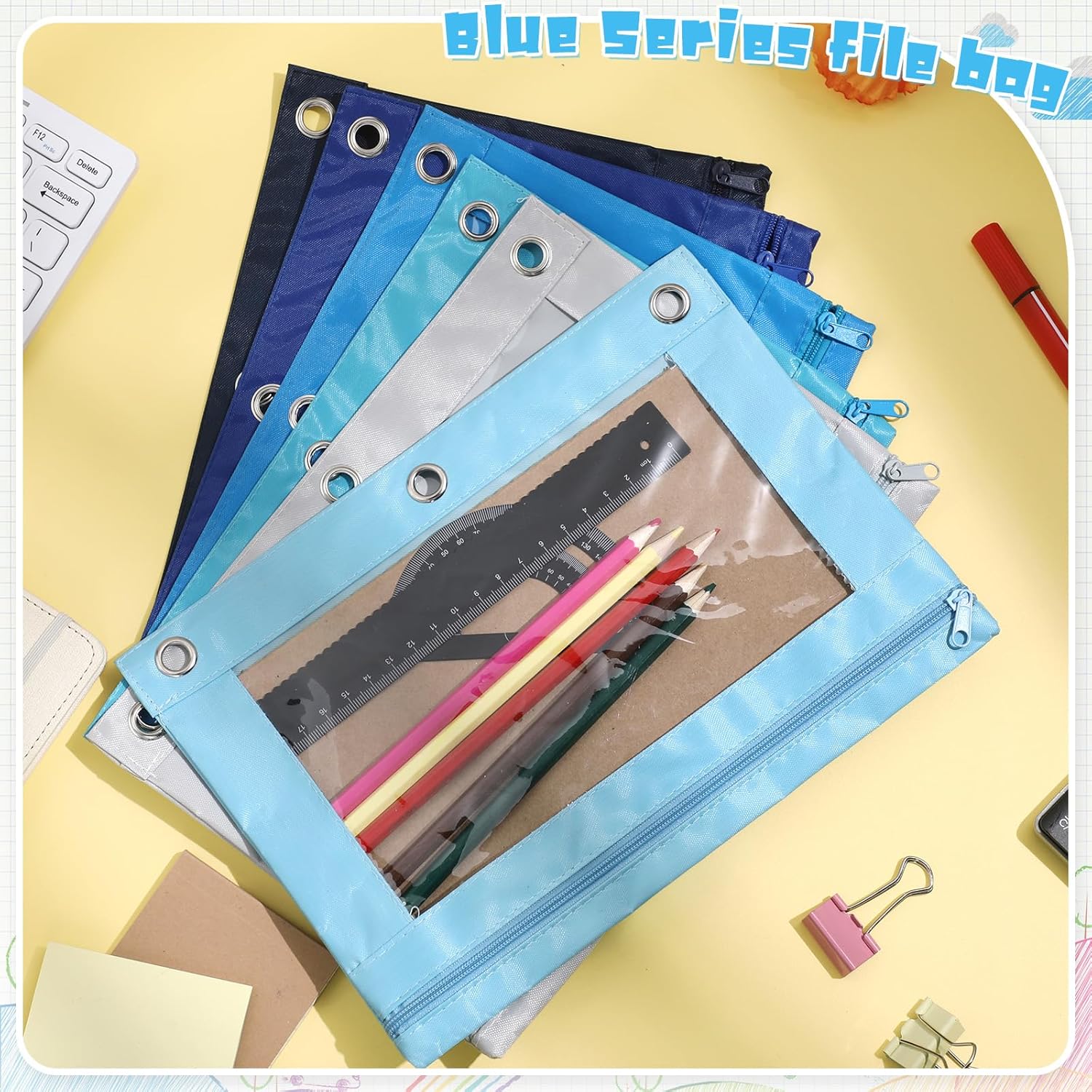 Fainne 30 Pack Pencil Pouch for 3 Ring Binder Zipper Pencil Pouches with Clear Window Oxford Cloth Binder Pencil Case Pencil Holder for Binder Pencil Bag for 3 Ring Binder for Office (Blue Series)