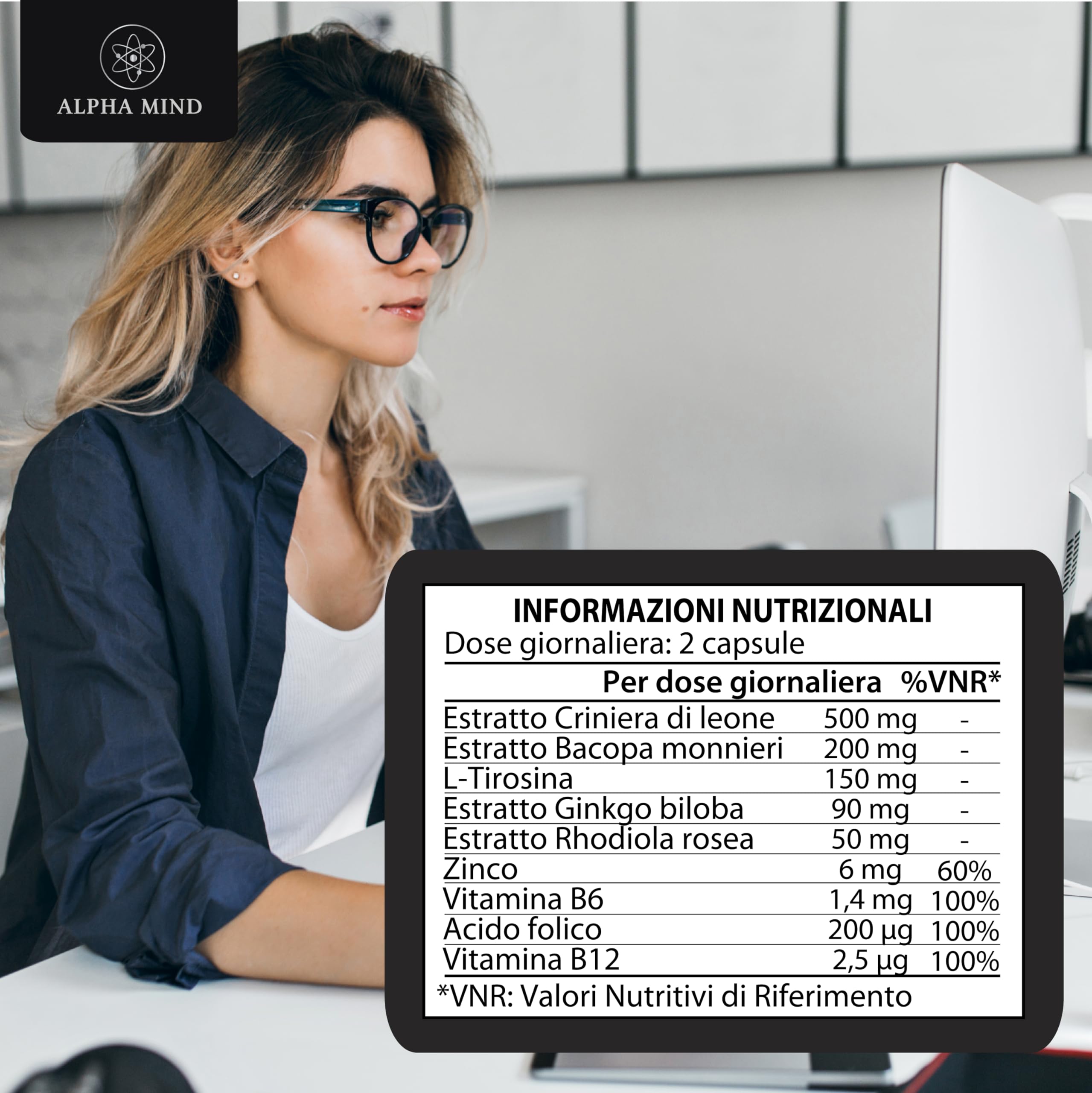 Nootropico Potente Naturale - Concentrazione, Memoria, Agilità Mentale - Con Lions mane, Ginkgo biloba, Bacopa Monnieri, Rhodiola Rosea, L Tirosina, Zinco, Vitamine B - Senza Caffeina