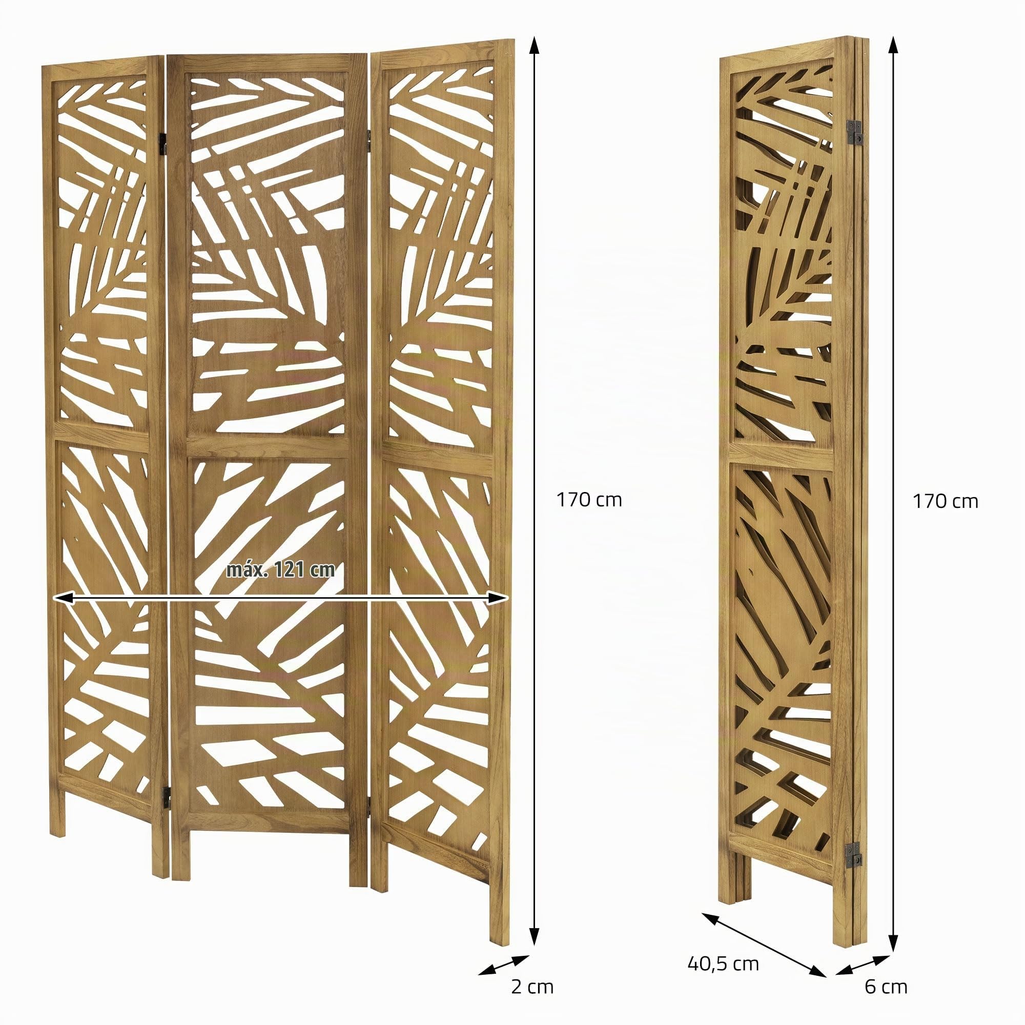 ML-Design Biombo Divisorio de 3 Paneles Modelo Kyoto de Madera Natural 170 x 121 cm, Separador de Ambientes Plegable para Interiores, Mampara Independiente para Vestuarios, Pantalla de Privacidad
