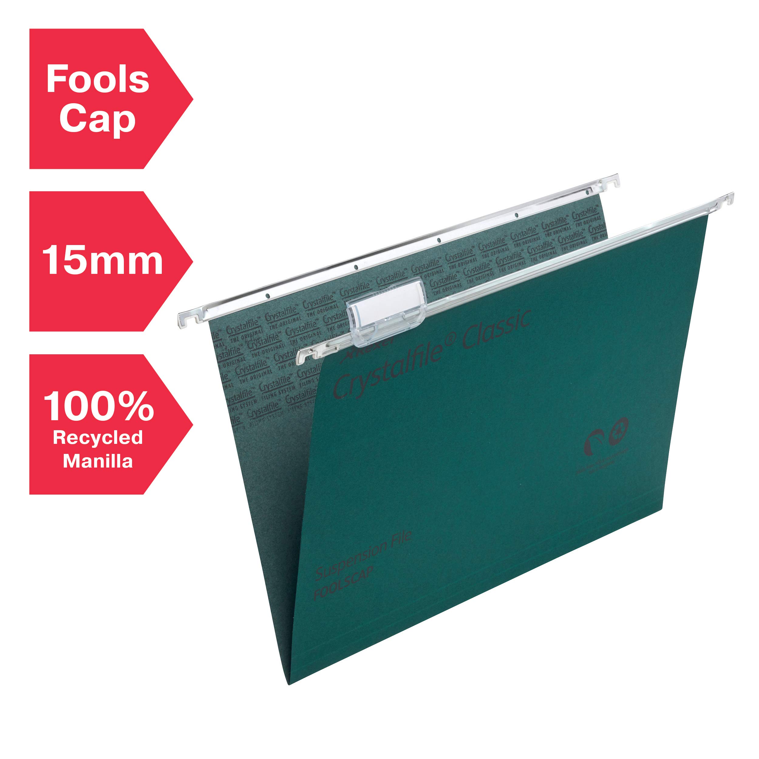 Rexel Foolscap 78016 - Limette sospese con linguette e inserti per schedari, base a V 15 mm, 100% Manilla riciclata, verde, Crystalfile Classic, confezione da 50