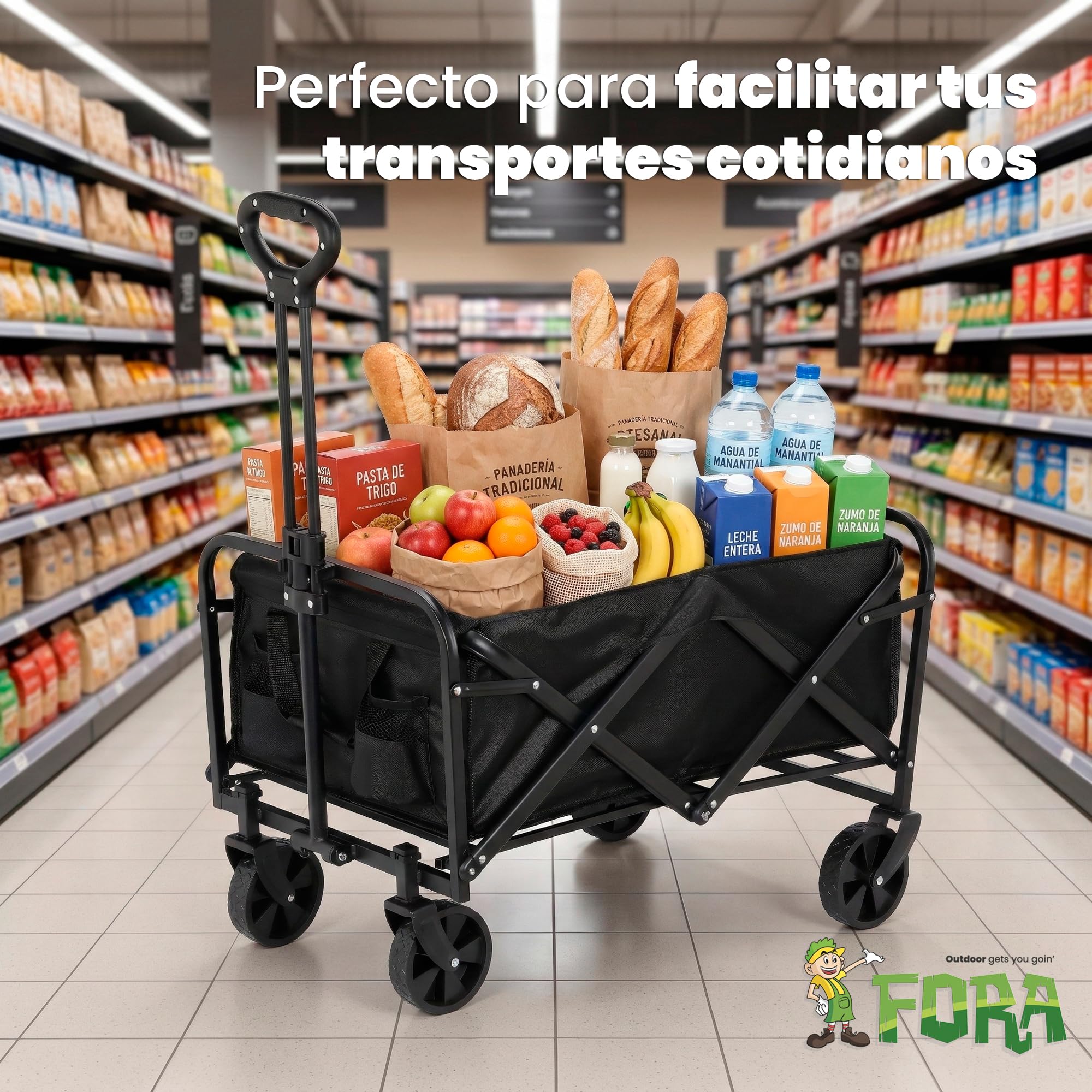 Fora Carro de Transporte Plegable con Ruedas Grandes – Carro Multiusos para Playa, Camping, Jardín y Compras | Estructura Resistente, Asa Extensible Ajustable, Tela Impermeable, Carga hasta 60 kg