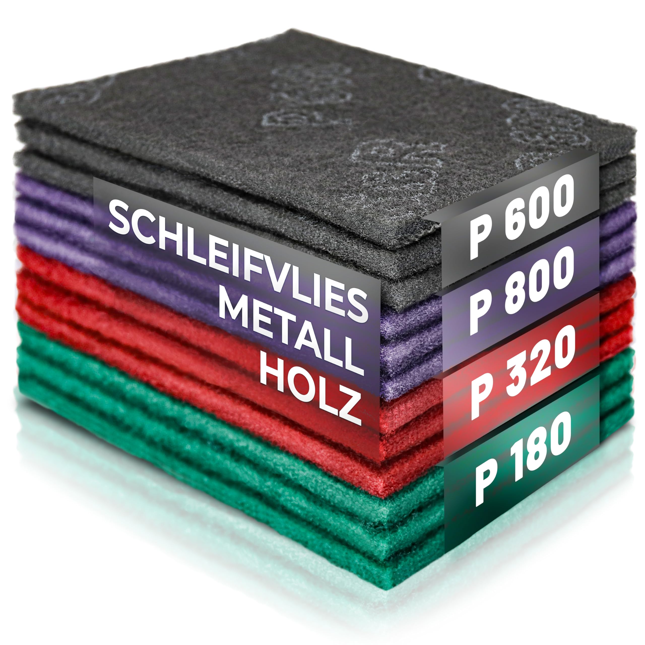 S&R Schleifvlies-Pads – 12er Set Schleifvliesmatten, Schleiffleece für Metall, Holz, Stahl & Edelstahl, Schleif-Fleece zum Schleifen & Polieren, Körnung P180-P320-P600-P800