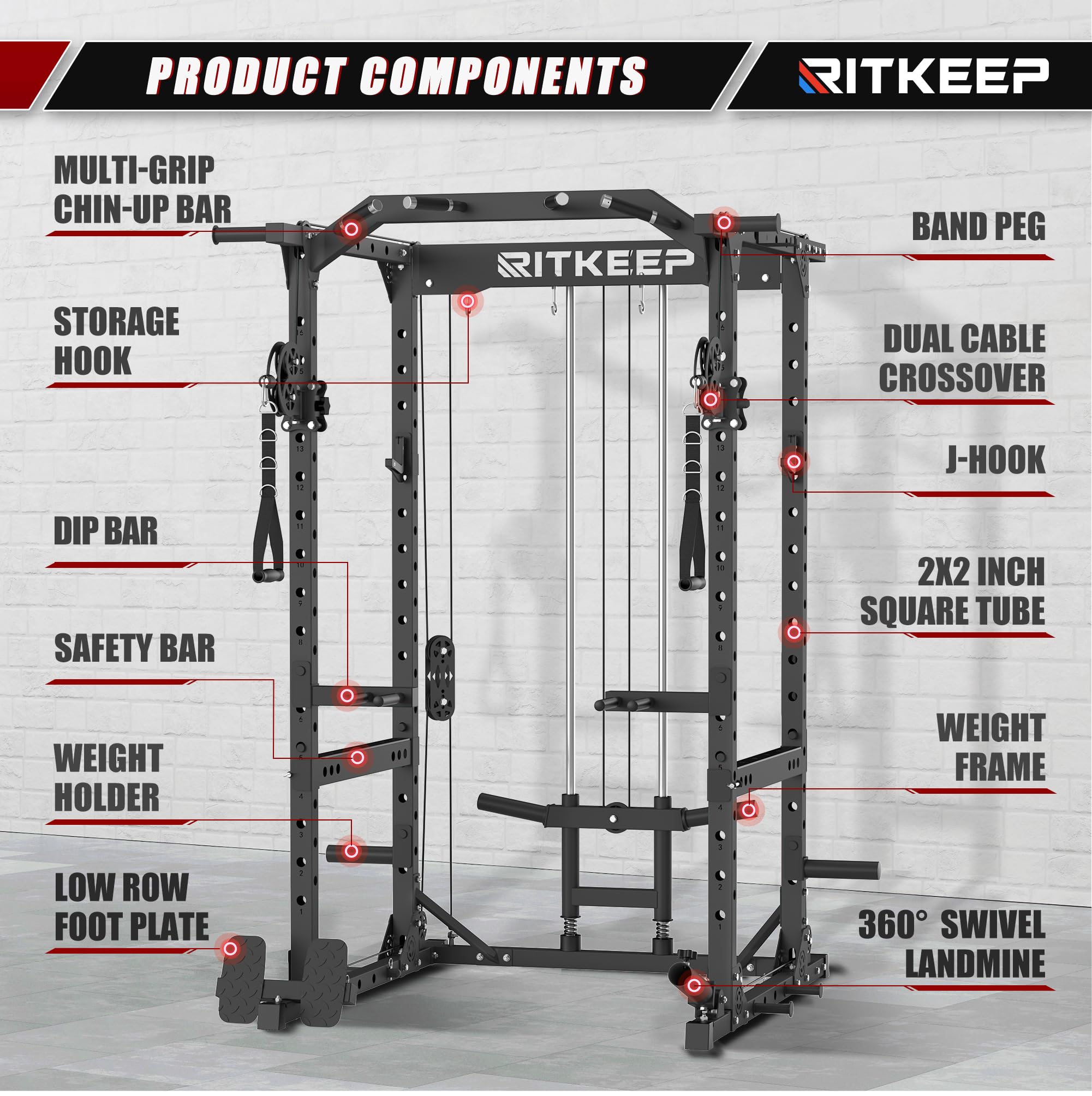 RitKeep M10 Multi-Functional Power Rack - 5 in 1 Power Rack with Pulley System and Cable Crossover, Squat Rack for Home Gym Workout Racks (Black with RAB-2000 Bench, 1200 LB Barbell)