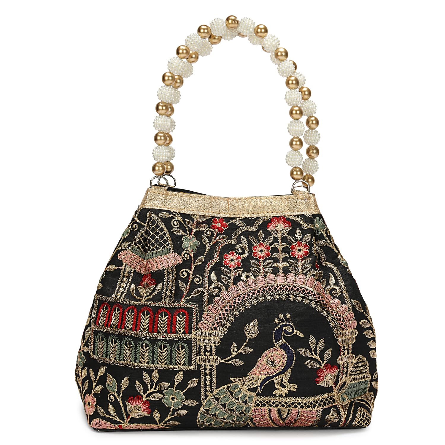 Handcrafted Peacock Embroidered Potli Bag, Floral Traditional Purse with Pearl Beaded Handle, 7.5 x 8.5 x 4 Inch Evening Clutch-image-5