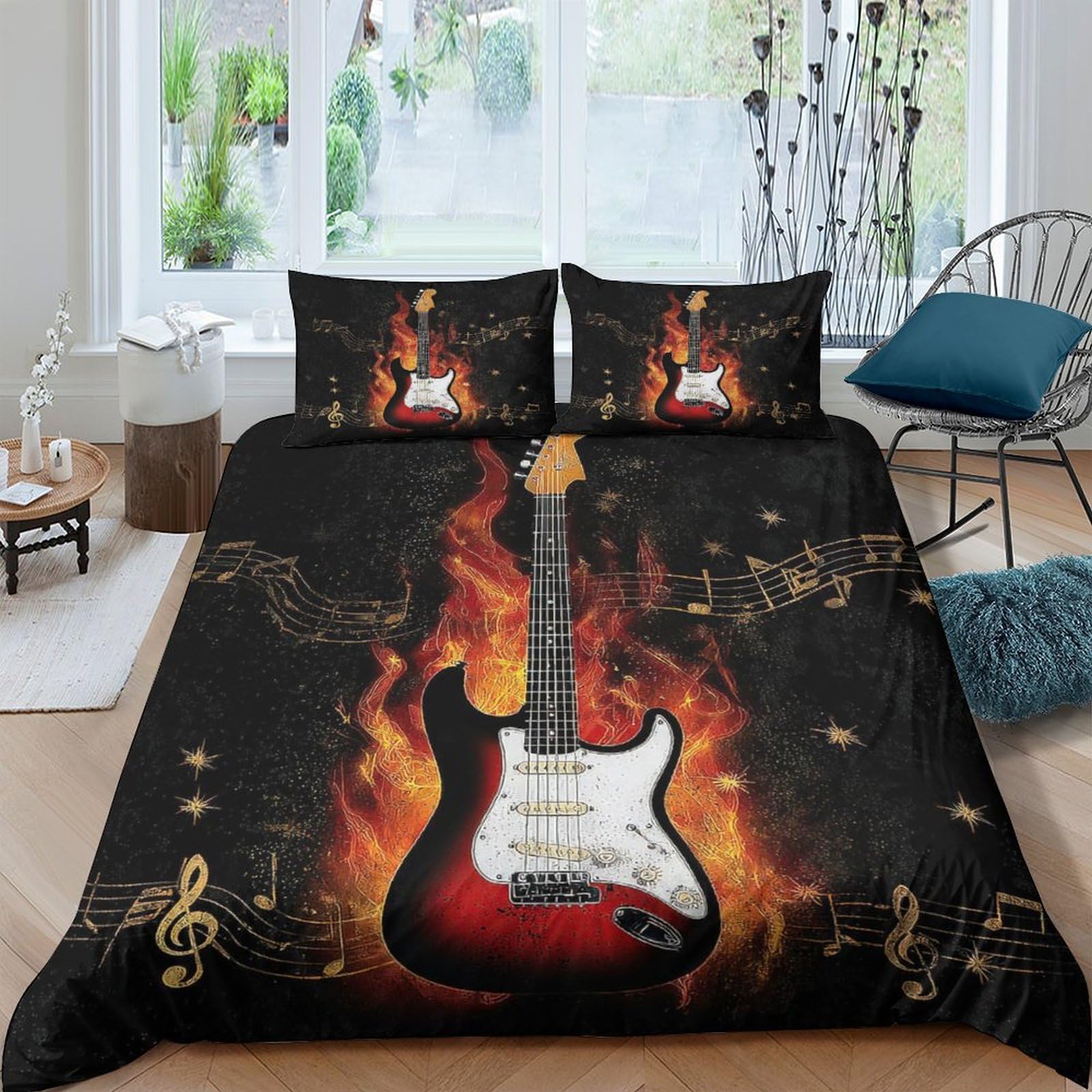 Ctjqhvkz Style-2 3D Printed Electric Guitar Fitted Sheet Microfiber Rock Flames Bed Cover For Bedroom Dorm Mattress Protection Decor Single（135X200cm）