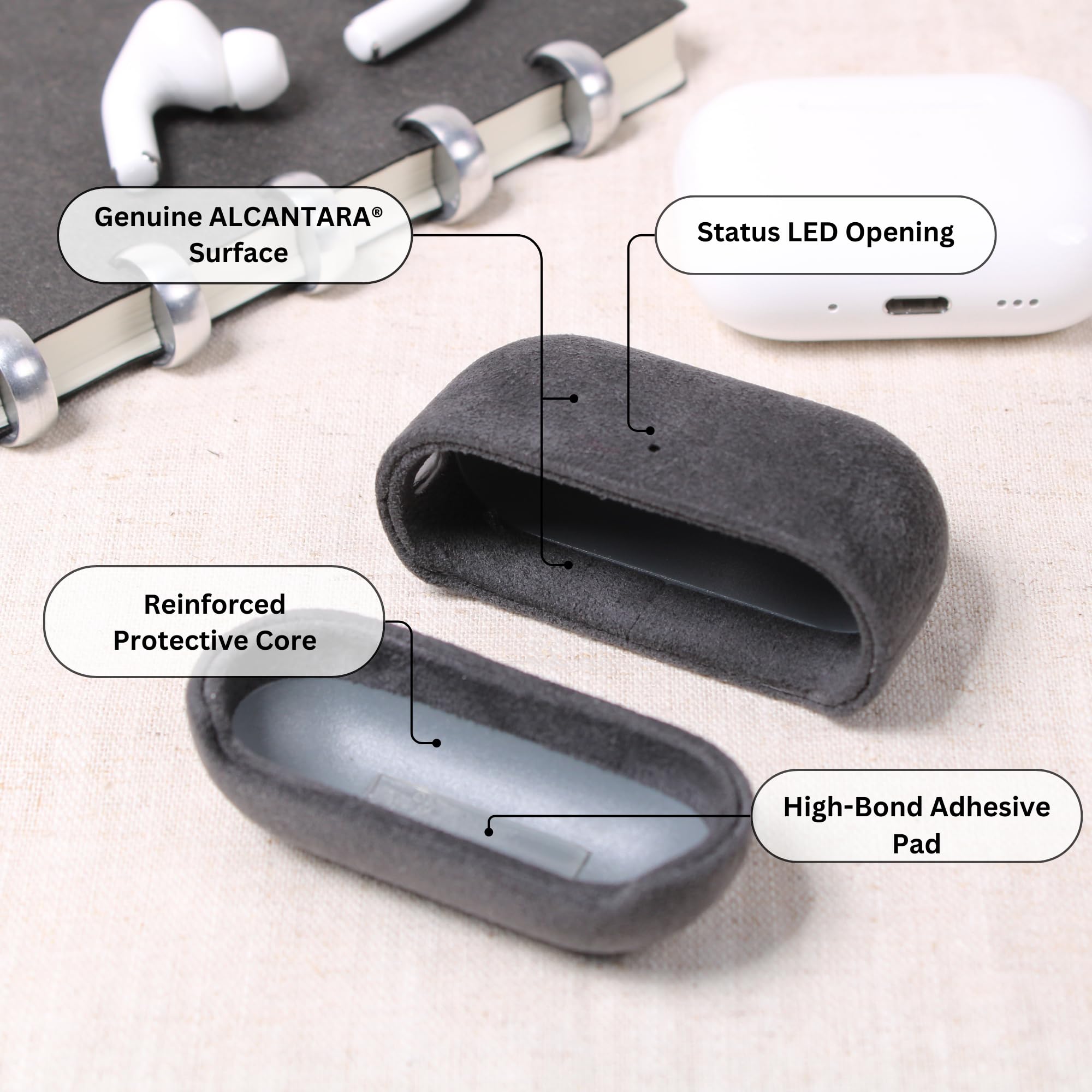 Coque AirPods Pro 3 Compatible Apple en Alcantara, étui de Protection Premium, Protection Case MagSafe Compatible, fabriqué à la Main (Charcoal Grey)