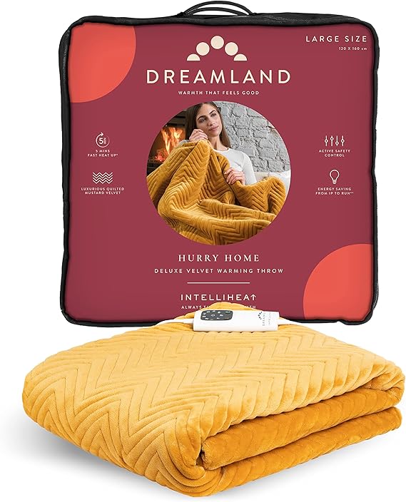 Dreamland Hurry Home Heated Throw Mustard Yellow Quilted Herringbone