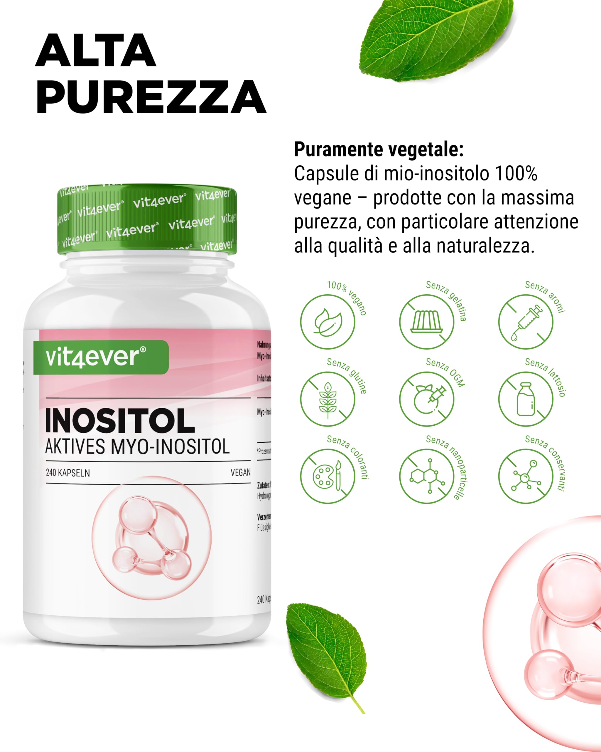 Myo-inositolo 1500 mg al giorno – 240 capsule vegane ad alto dosaggio – Inositolo puro come componente importante del metabolismo cellulare – Senza additivi non necessari