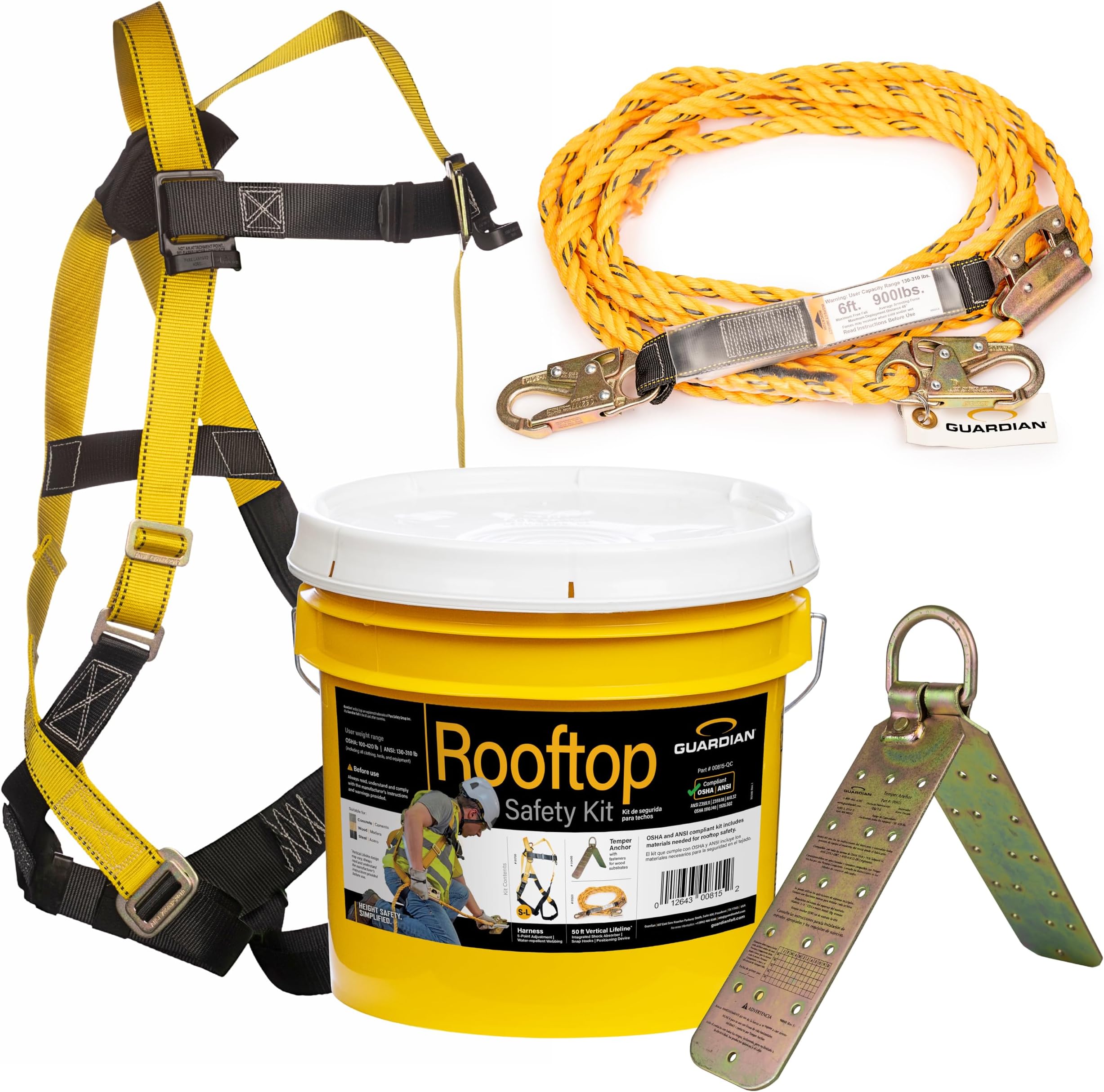 Guardian Fall Protection 00815 BOS-T50 Bucket of Safe-Tie - 5 Gallon Bucket, 50 ft. Vertical Lifeline Assembly, 5 Temper Reusable Anchor, Safety Harness Kit, Yellow