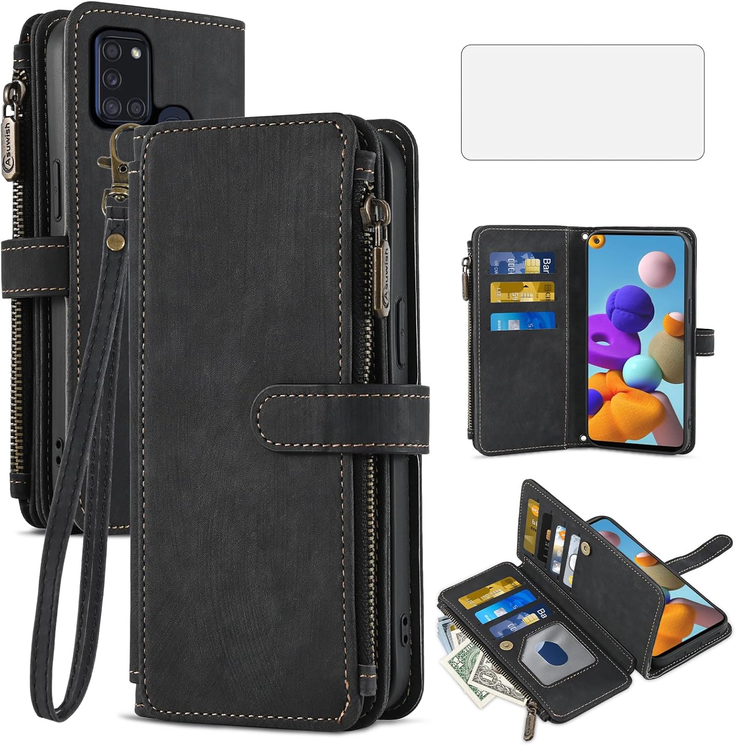 Asuwish Phone Case for Samsung Galaxy A21S Wallet Cover and Tempered Glass Screen Protector Leather Flip Credit Card Holder Stand Lanyard Wrist Strap Rugged Slot Cell Accessories A 21S Women Men Brown