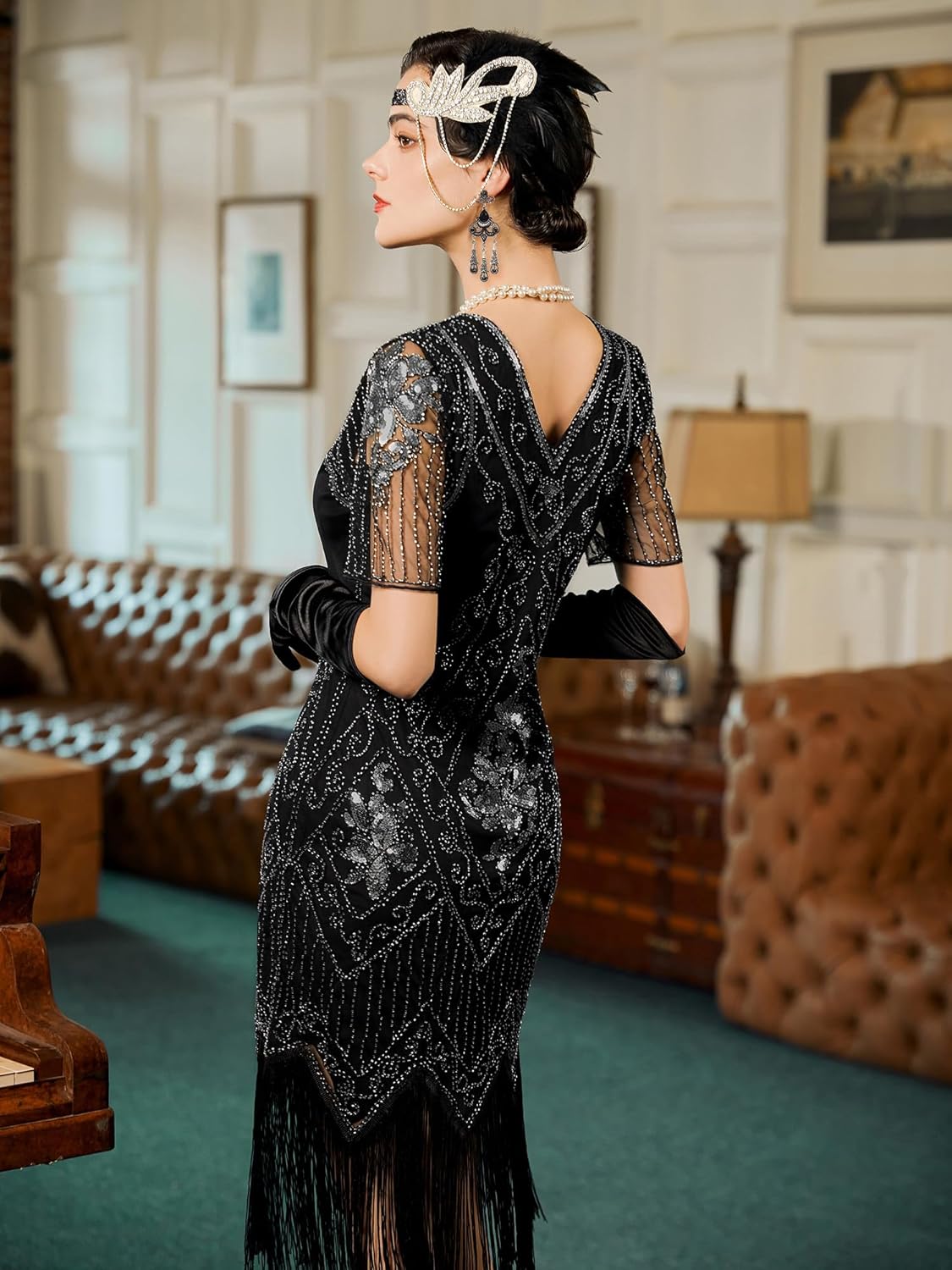 SWEETV YESSA Women's Flapper Dresses 1920s Fringed Sequin Great Gatsby Dress with 20s Accessories -Roaring 20s Costumes - Image 3