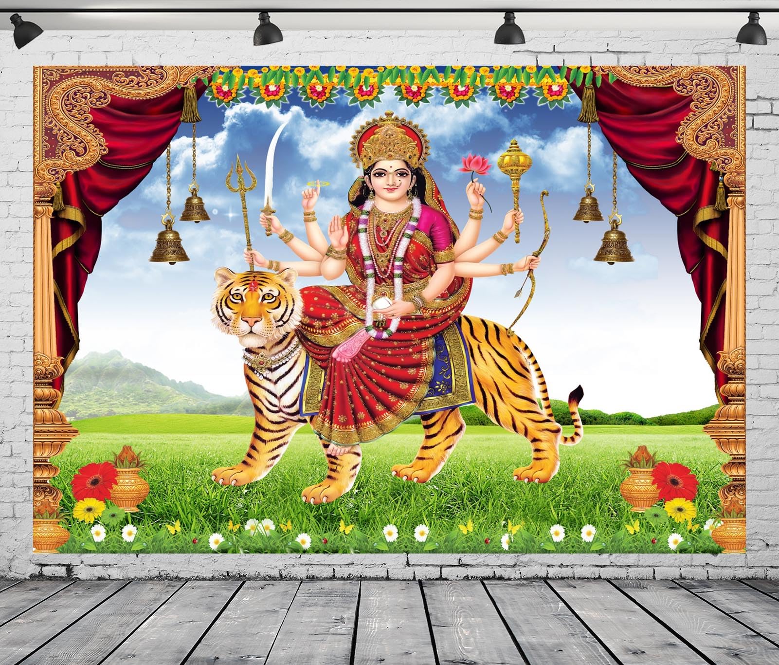CORFOTO 7x5ft Indian God Backdrop India Pooja Sheran Wali MATA Rani MATA Ji Traditional Hindu God Background for Deevali Ganesha Indian Festival Party