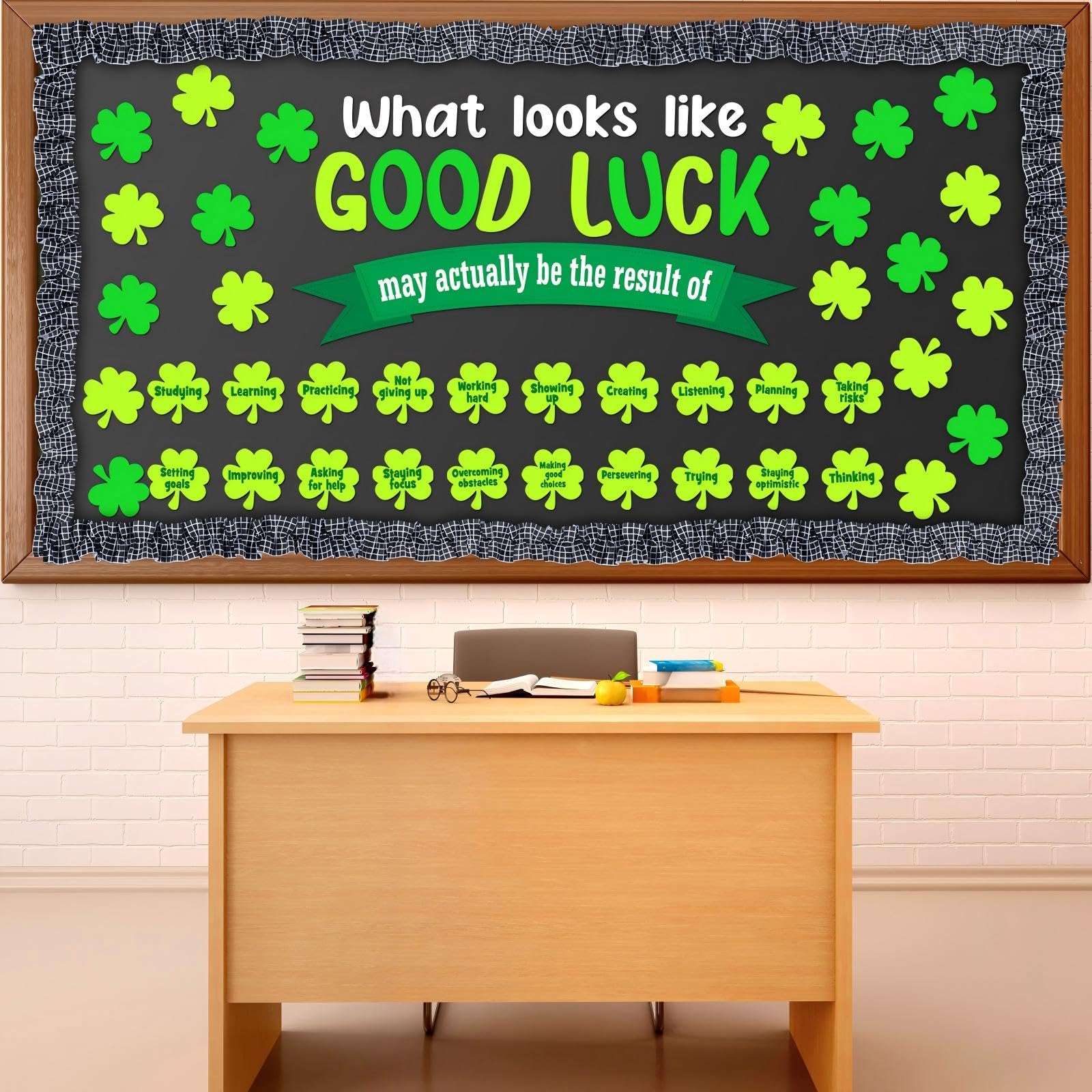 80 Pcs St. Patrick's Day Bulletin Board March Bulletin Board Inspirational DIY Shamrock Cutouts with White Black Burlap Border for Irish Festival