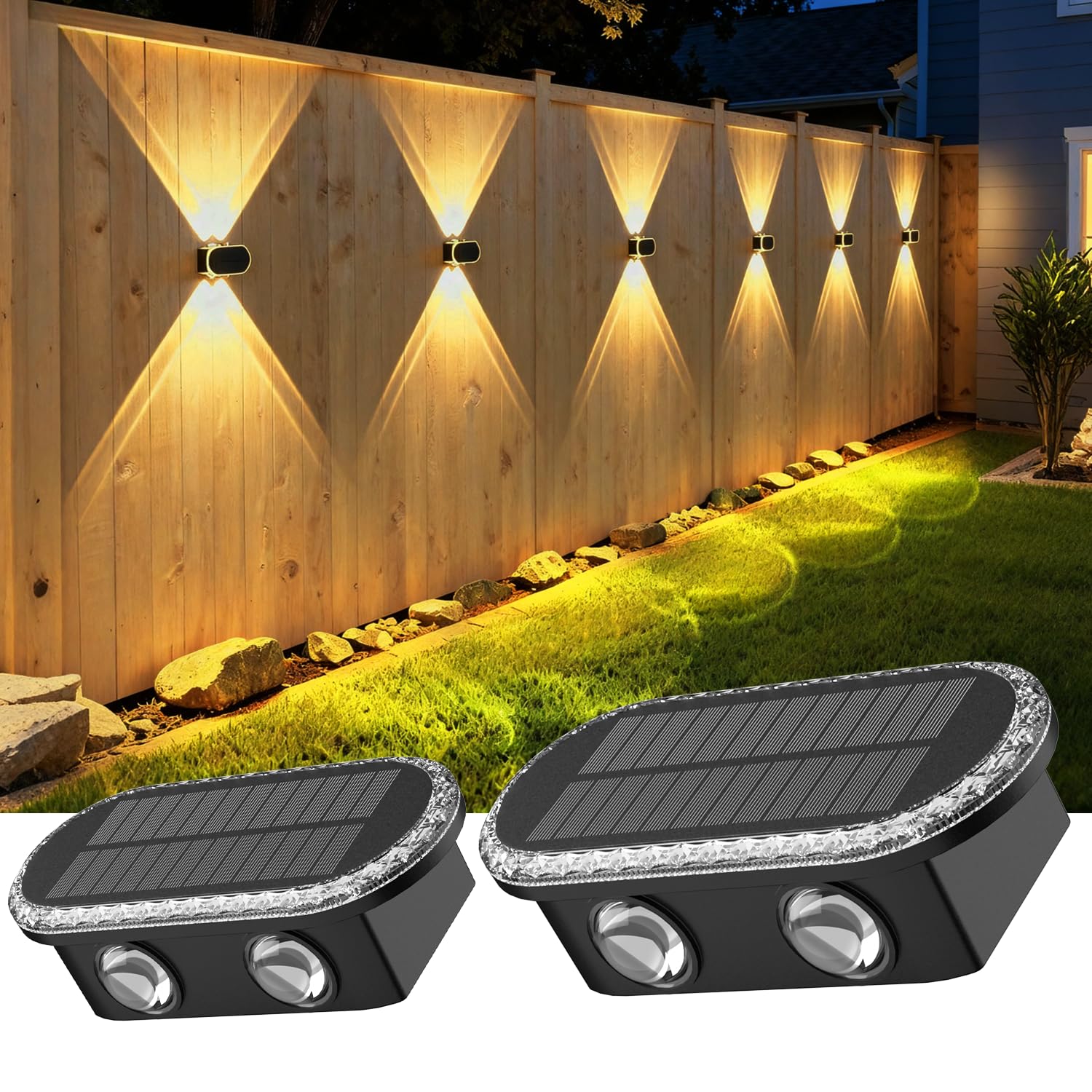 ELLASAY Solar Fence Lights Outdoor, Solar Up and Down Garden Lights - IP65 Waterproof and 3 Colour Modes for Patio, Yard, Pool, Porch, Backyard Decorations, 2-Pack