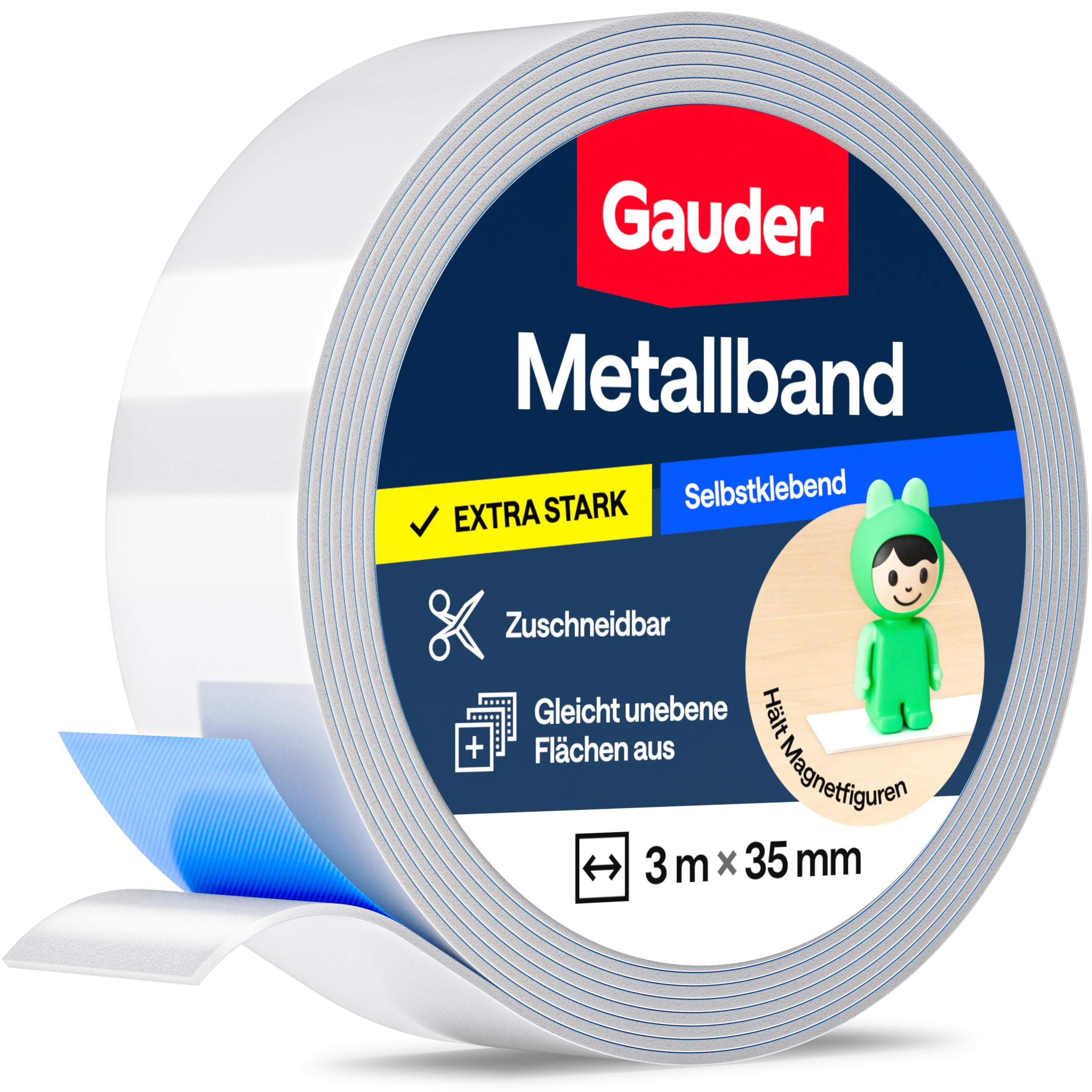 GAUDER Metallband selbstklebend - Ideal für Tonie®-Figuren & -Regale - Magnetband für Magnete - Ferroband mit Schaumstoff-Kleber - Stahlband und Eisenband (3 m x 35 mm)