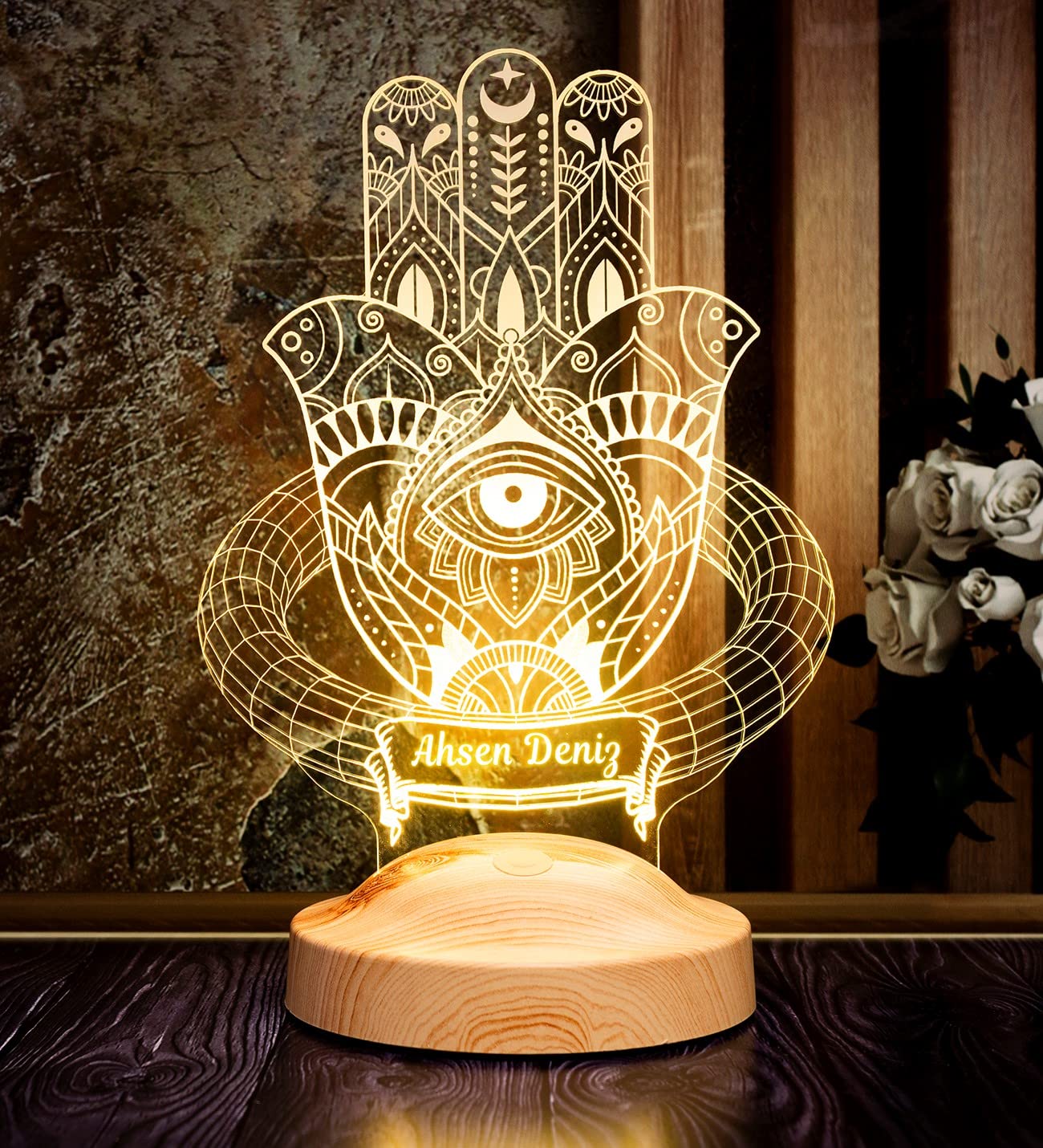 Lampe Main De Fatma 16 Couleurs Personnalisable - Veilleuse 3D LED Avec Nom Ou Message - Lampe De Chevet Ambiance Lumineuse