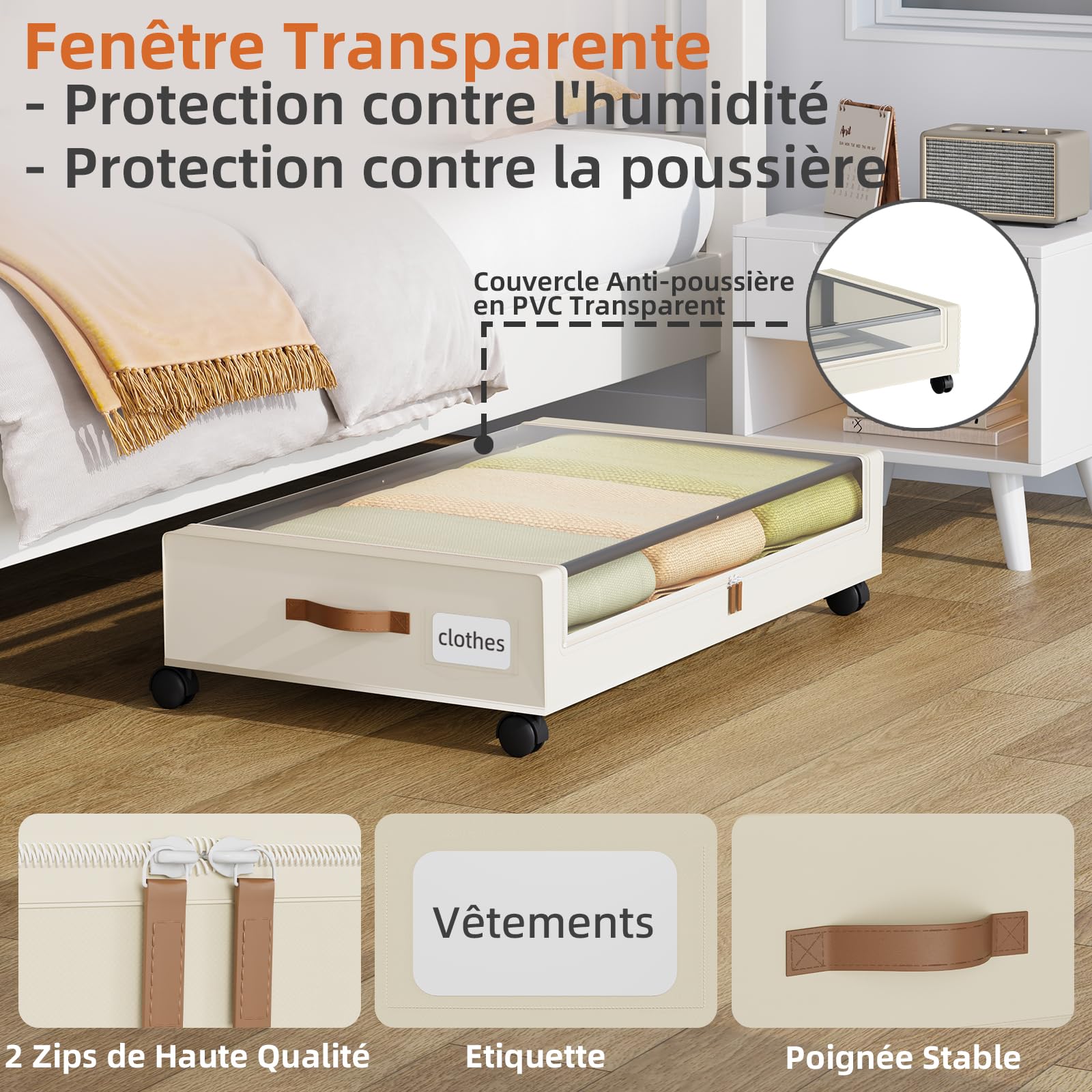 Somdot 2 Contenitori Sottoletto, Scatole Pieghevoli da 48 L con Ruote, Coperchio e Chiusura Lampo, Ideali per Vestiti, Biancheria da Letto e Scarpe, 43.5P x 78.5l x 17H, Beige