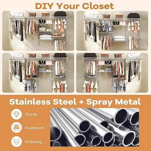 Miniatura 4 de Giantex Sistema organizador de armario, kit de armario personalizado para montaje en pared con estantes de almacenamiento ajustables, perchero de