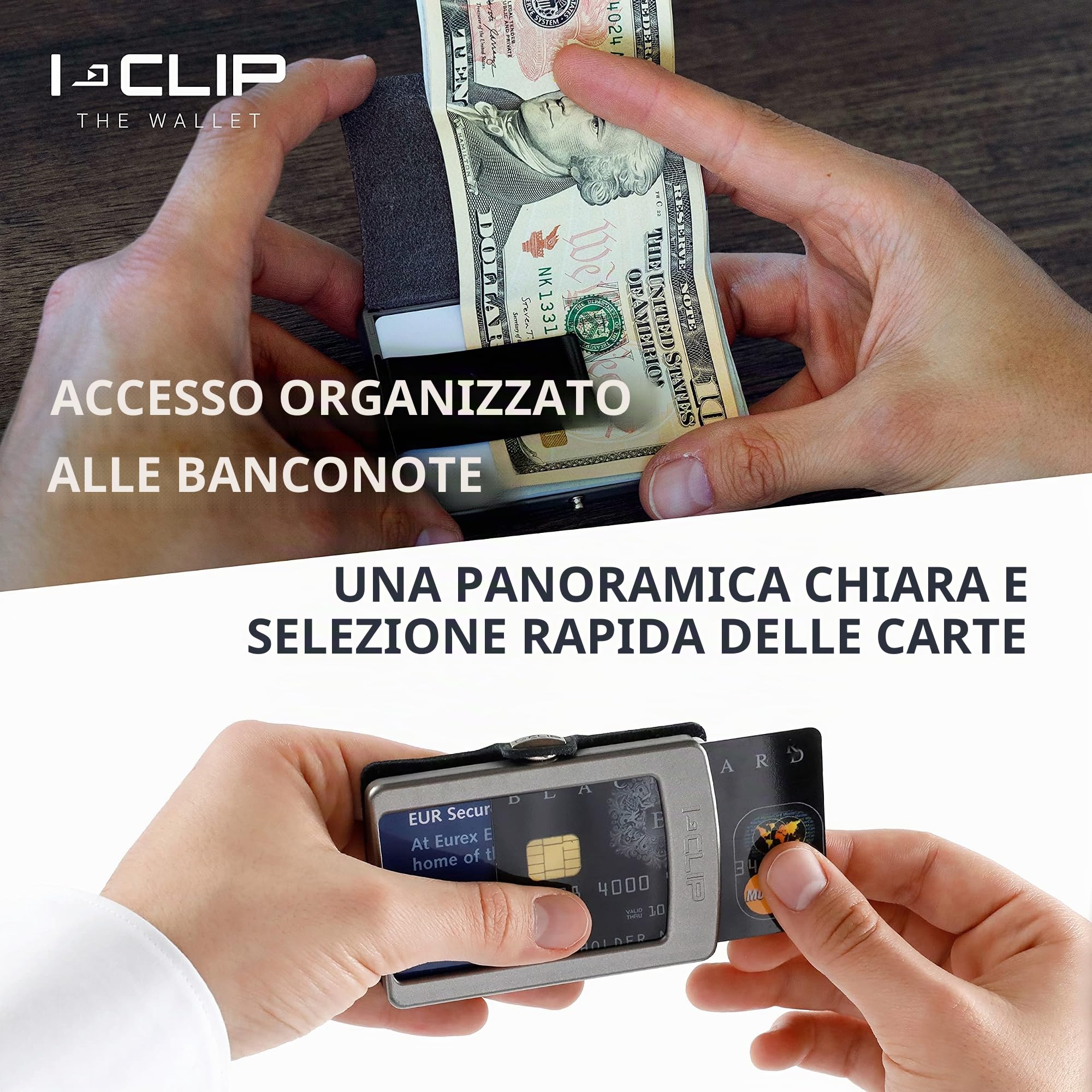 I-CLIP Original Portafoglio Uomo Slim Banconote, Mini Wallet fino a 12 Carte, Ultraleggero con soli 22g, Pelle Goffrata Nero, Telaio Argento
