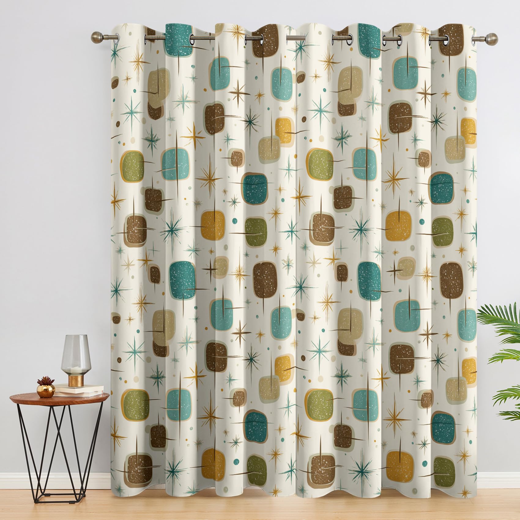 Mid Century Modern Vorhang Mit ösen Blickdicht, Retro Geometrisch Vorhänge Schlafzimmer Wohnzimmer Küche 140 x 160 cm Lang, Übergardinen Innen Verdunklungsvorhänge