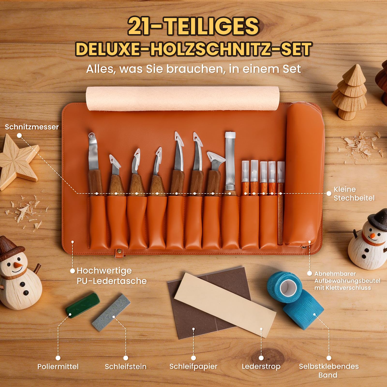Set Deluxe da 22 Pezzi di Coltelli per Intaglio del Legno con Manici in Noce, Kit di Attrezzi per Scultura su Legno per Principianti e Professionisti