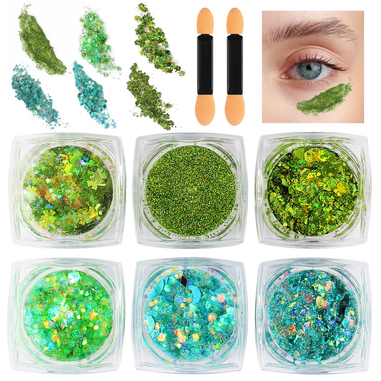 Glitter Body Face Hair Makeup Festival Gel, 6 Shapes Clear Green Rave Glitter Face Pain Glitter Eyeshadow for Kids Women Girls Singer Concerts