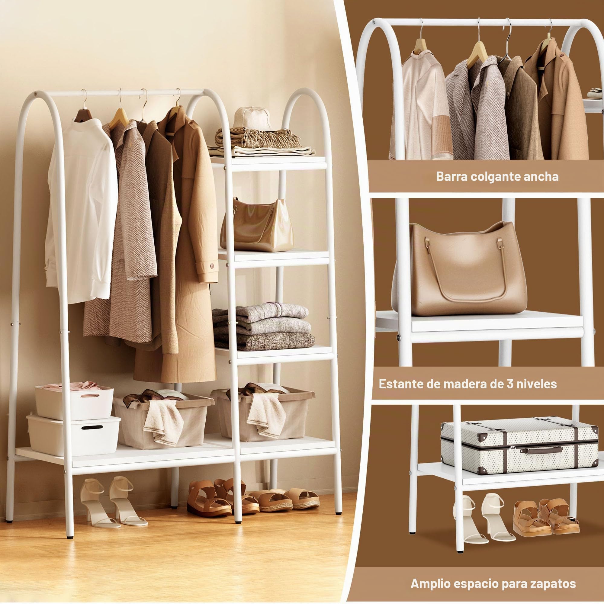 SDHYL Perchero de pie de metal con 4 niveles de almacenamiento y barra para colgar ropa, organizador de armario para dormitorio, salón (blanco)