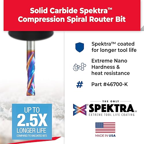 Miniatura 46 de Amana Tool Spektra Extreme Tool Life - Broca de carburo sólido CNC de compresión en espiral, 46010-K, 3/8 D x 1-1/8 CH x 3/8 vástago x 3 pulgadas